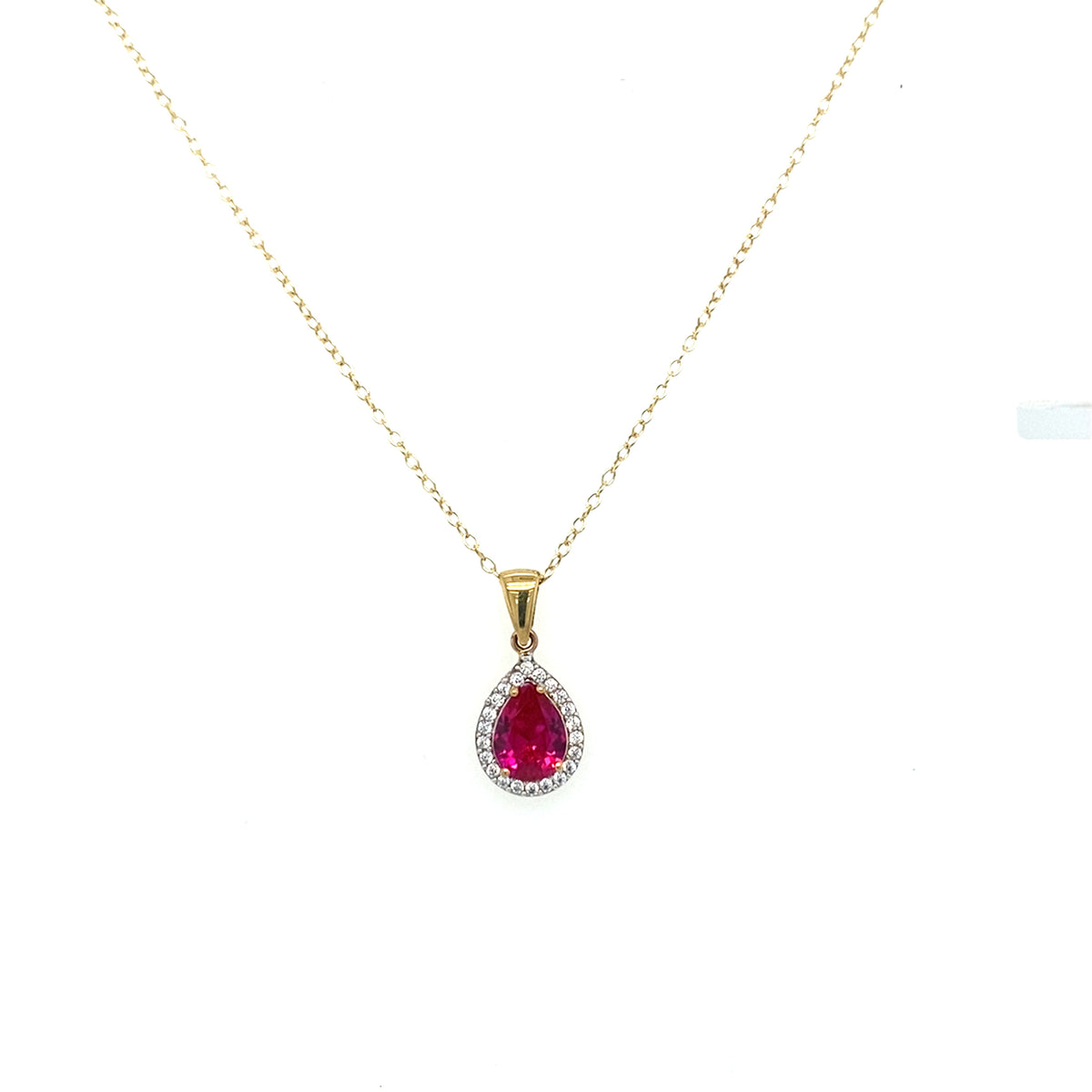 9kt Gold Pear Shaped Pendant with Ruby Coloured Stone
