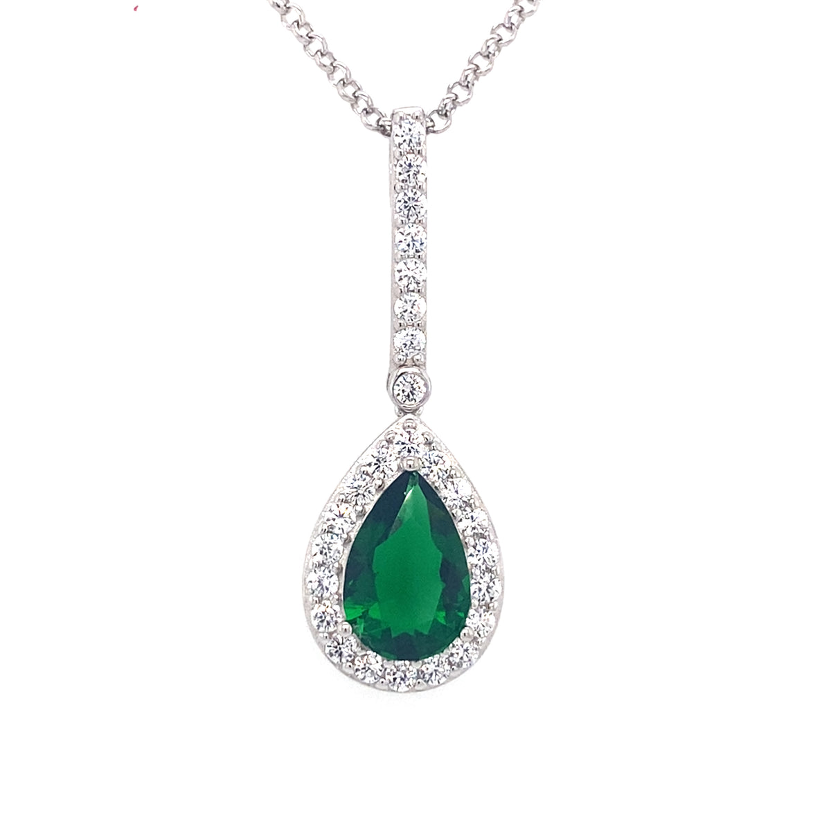 Sterling Silver Stone Set drop Pendant with Green Pear shaped Stone