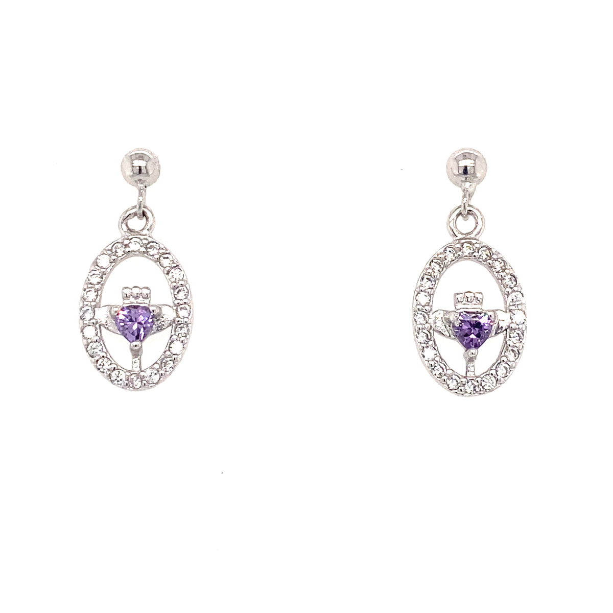 Sterling Silver Stone set Claddagh Earrings with a purple stone
