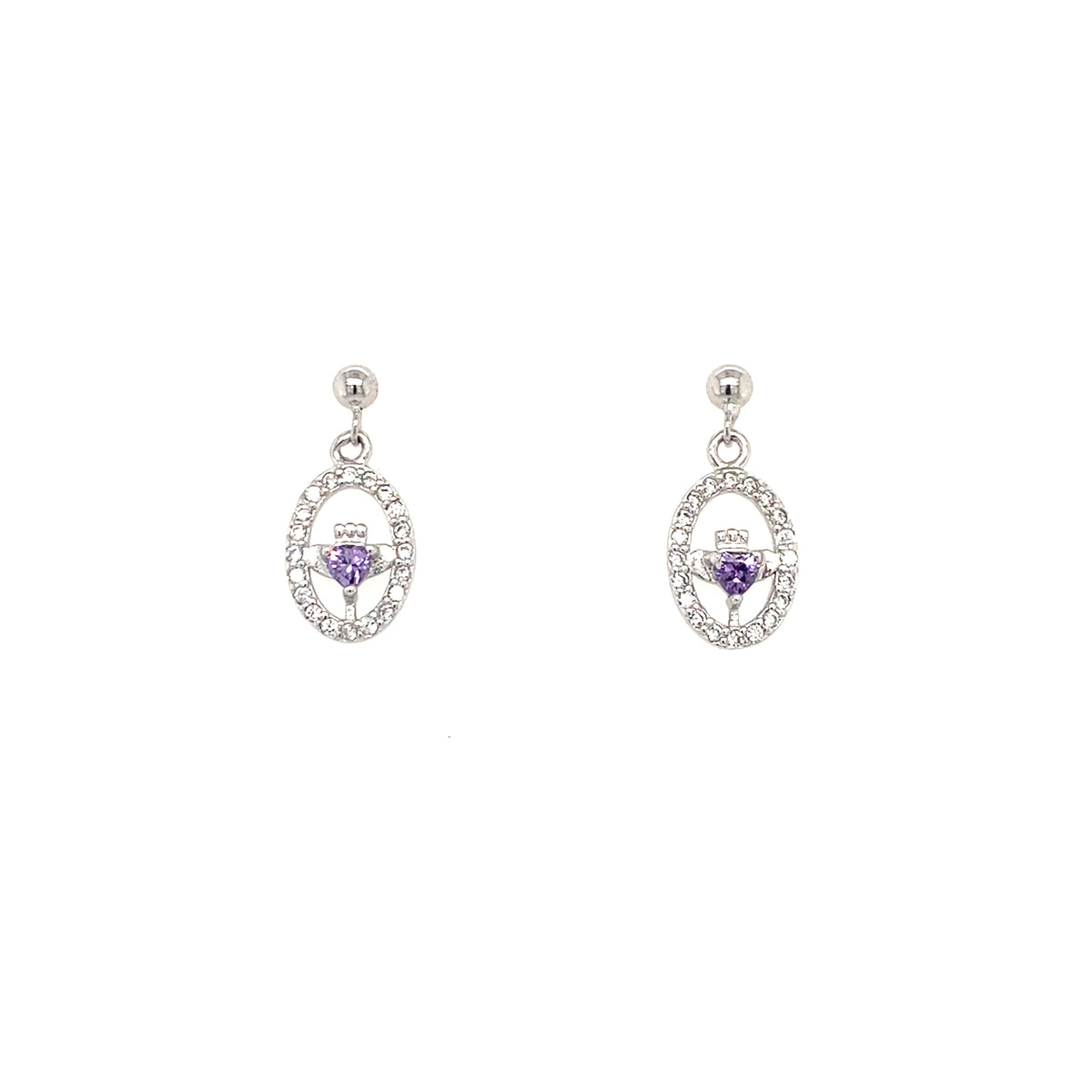 Sterling Silver Stone set Claddagh Earrings with a purple stone