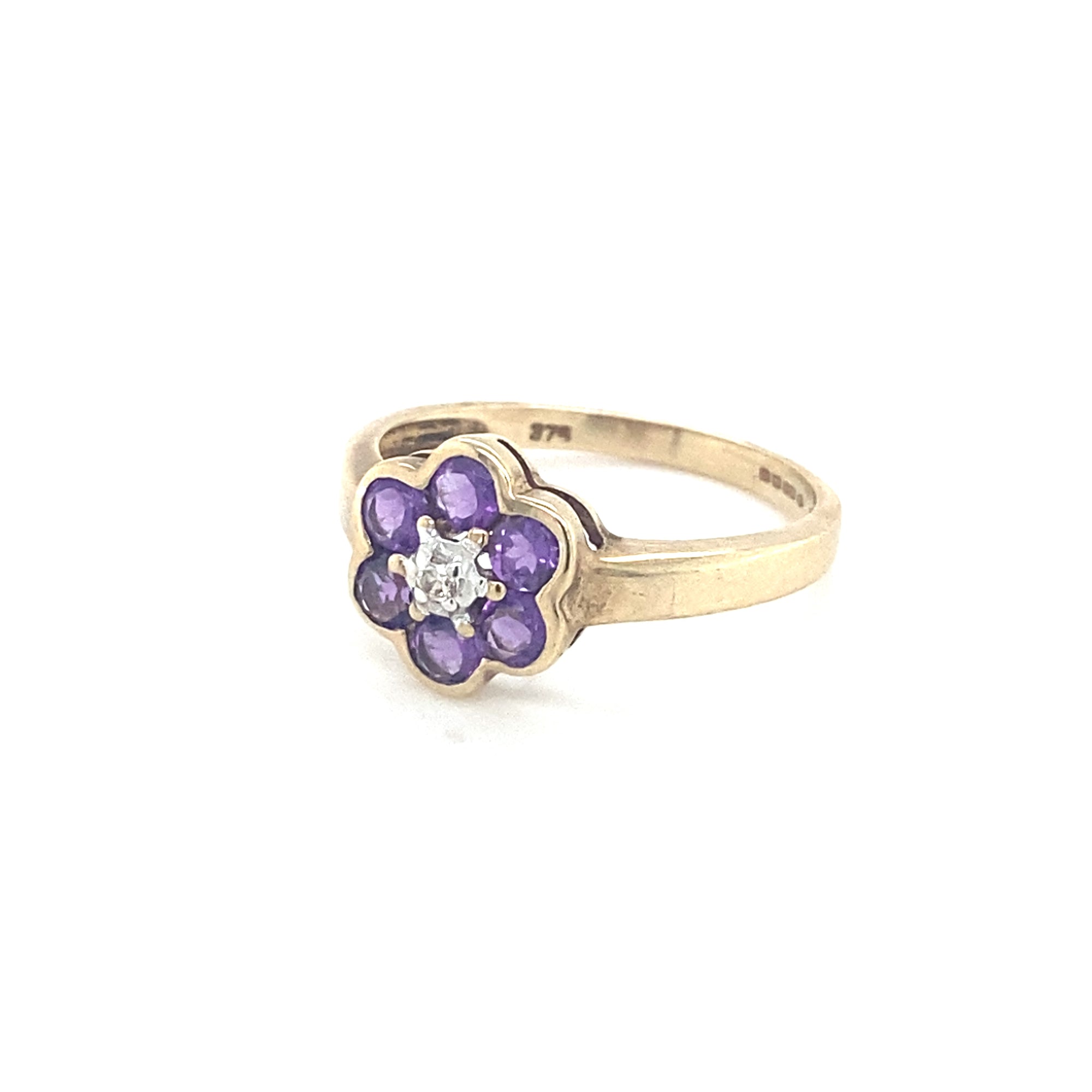9kt Gold Amethyst and Diamond Flower Ring