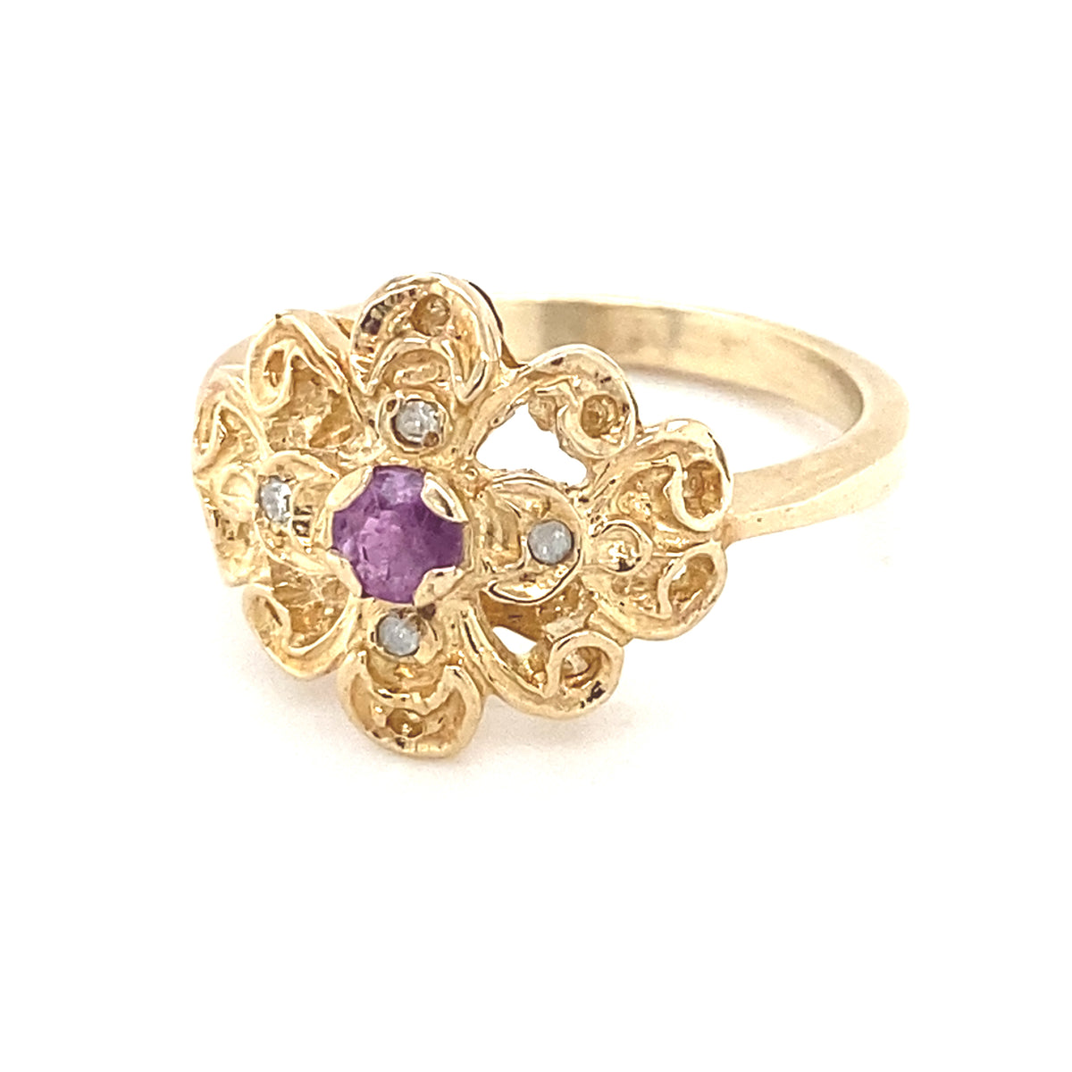 9kt Gold Antique Filigree Ring with Ruby &amp; Diamonds