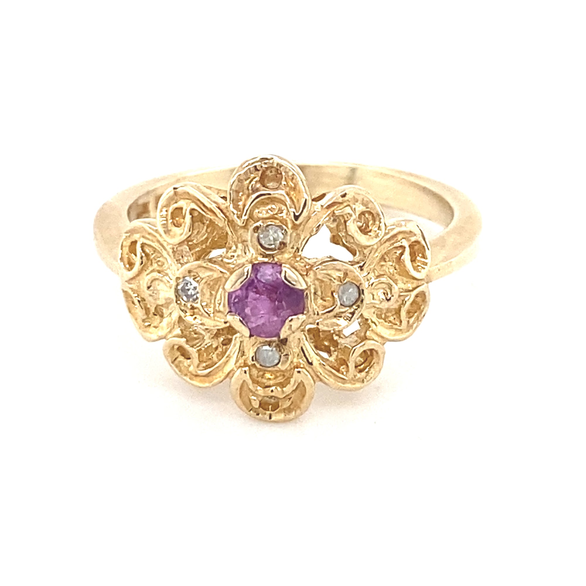 9kt Gold Antique Filigree Ring with Ruby &amp; Diamonds