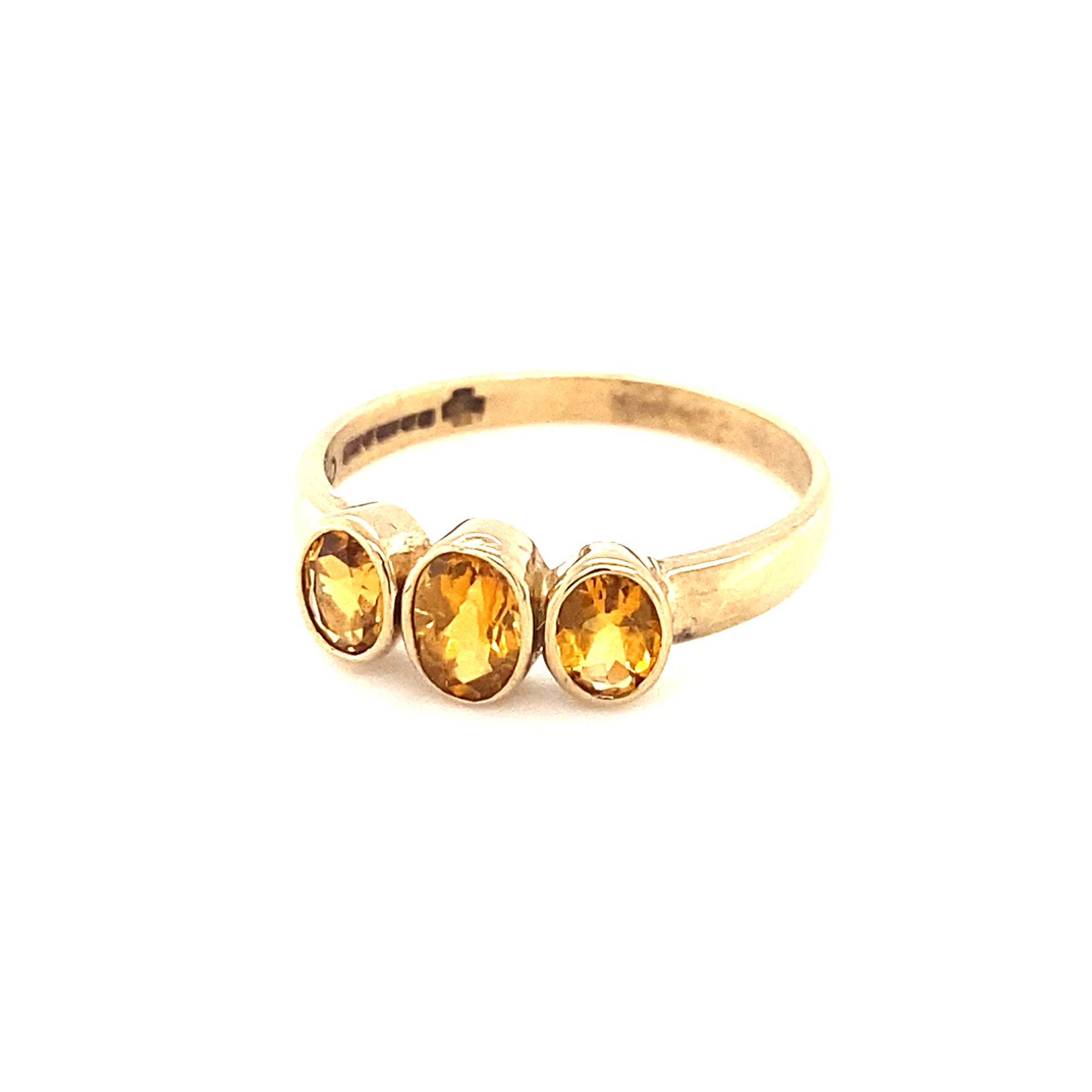 9kt Gold Three Stone Amber Coloured Ring