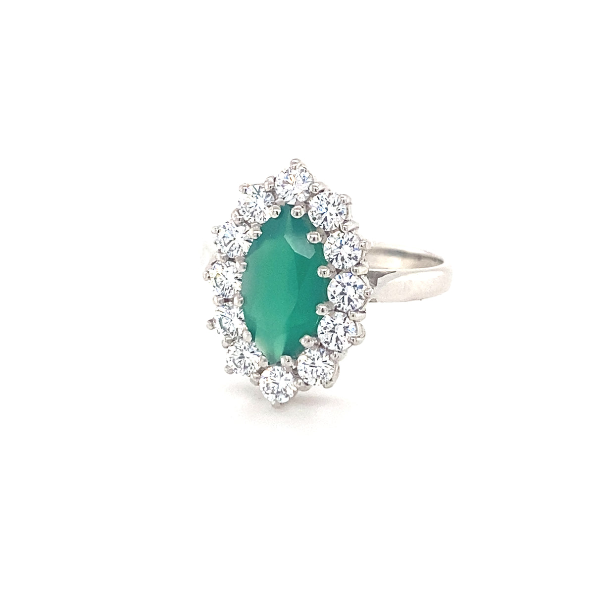 Sterling Silver Oval Cluster Ring with Emerald Coloured Stone