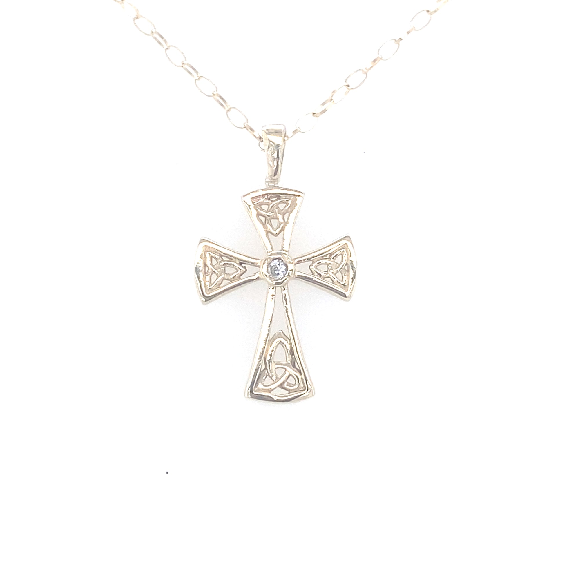 9kt Gold Cross with a clear stone and Trinity Knot Symbols