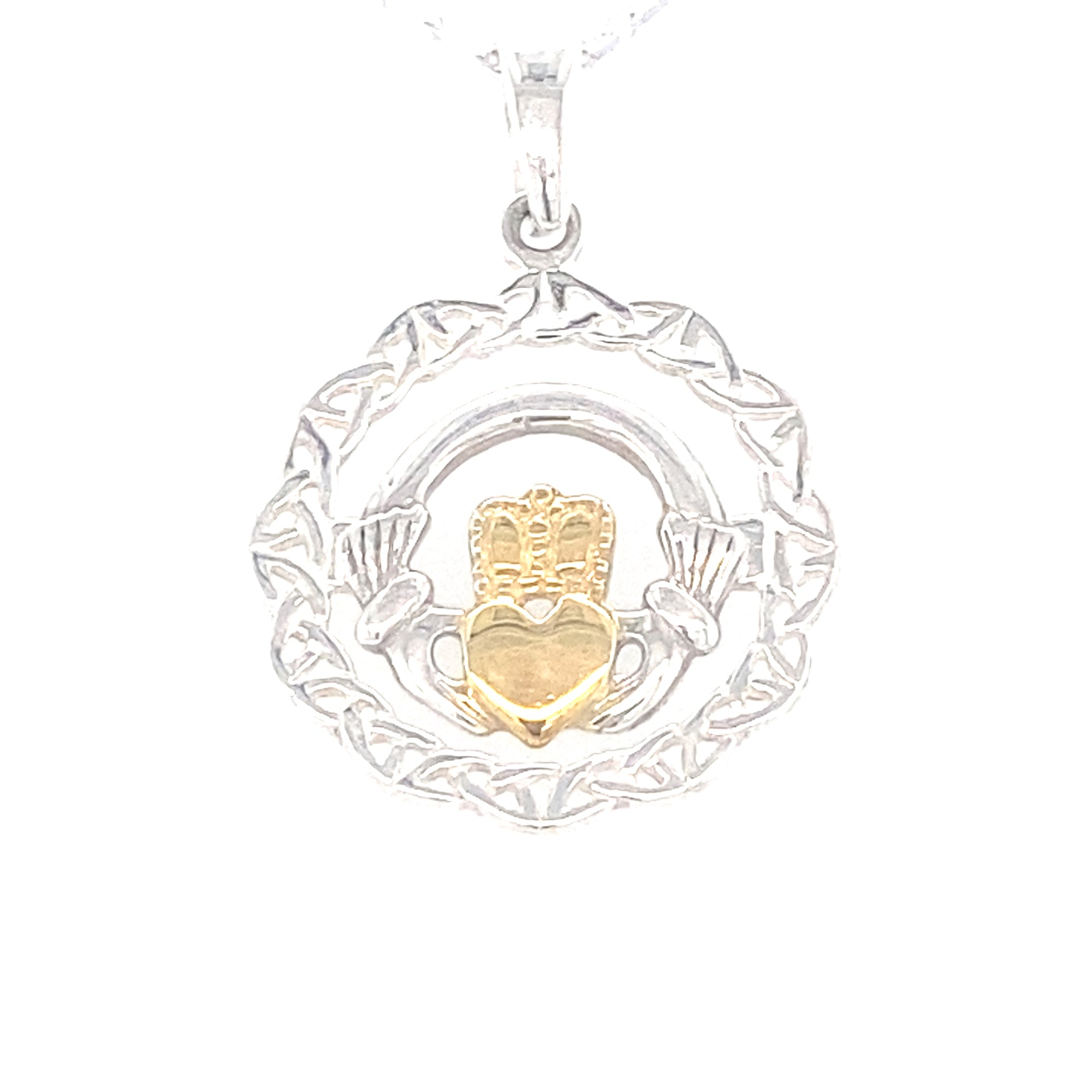 Sterling Silver Pendant with a Gold Coloured Claddagh in the Centre
