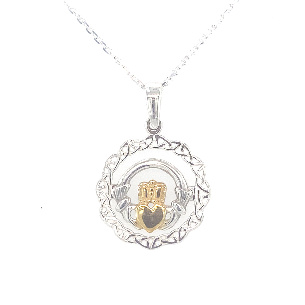 Sterling Silver Pendant with a Gold Coloured Claddagh in the Centre