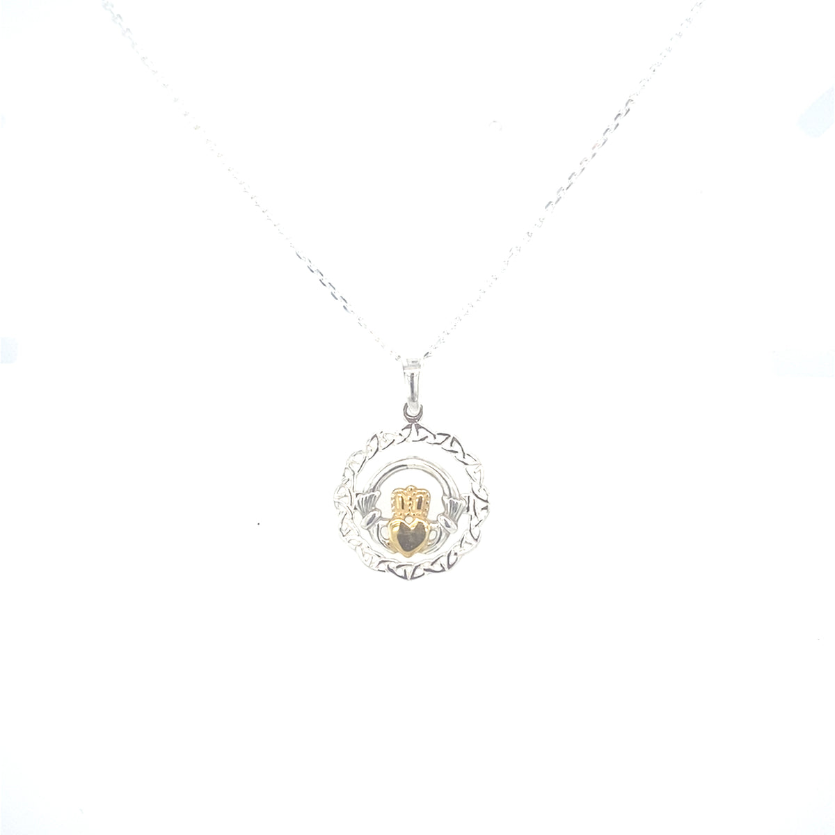 Sterling Silver Pendant with a Gold Coloured Claddagh in the Centre
