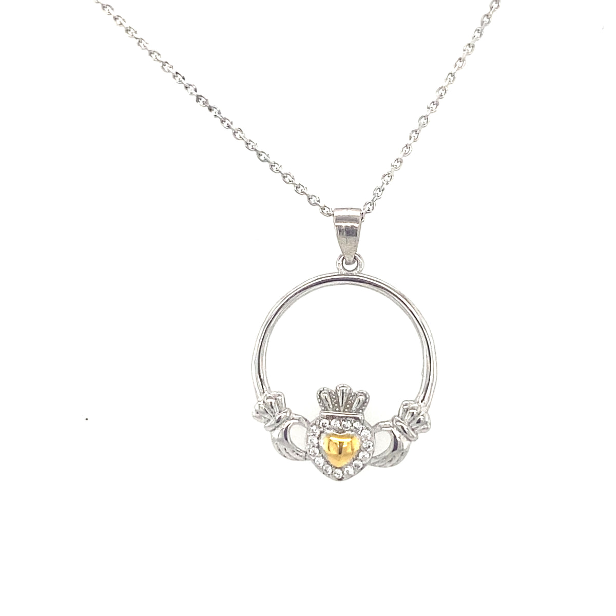Sterling Silver Claddagh Pendant with gold heart centre