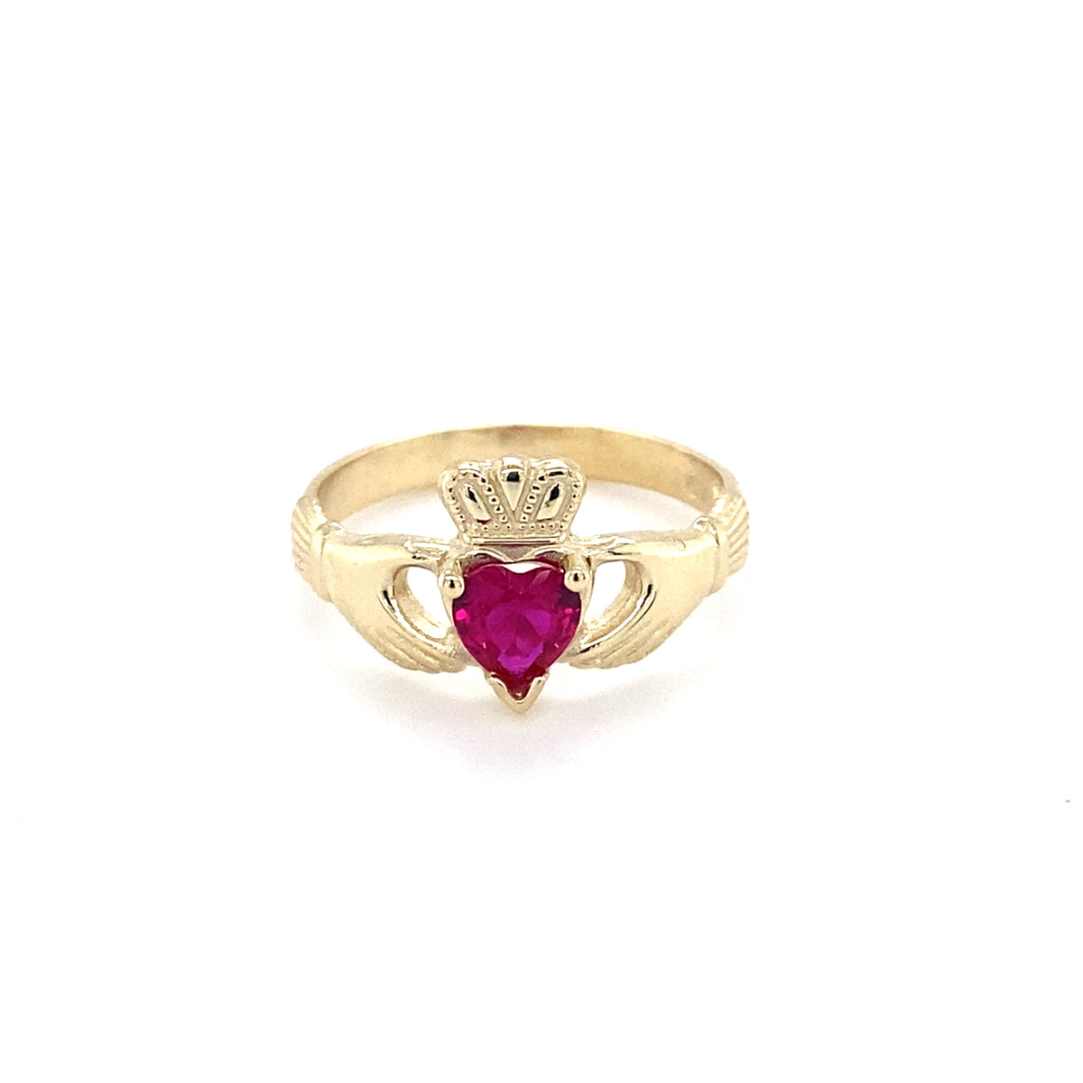 9kt Gold Claddagh Ringwith Ruby Coloured Stone