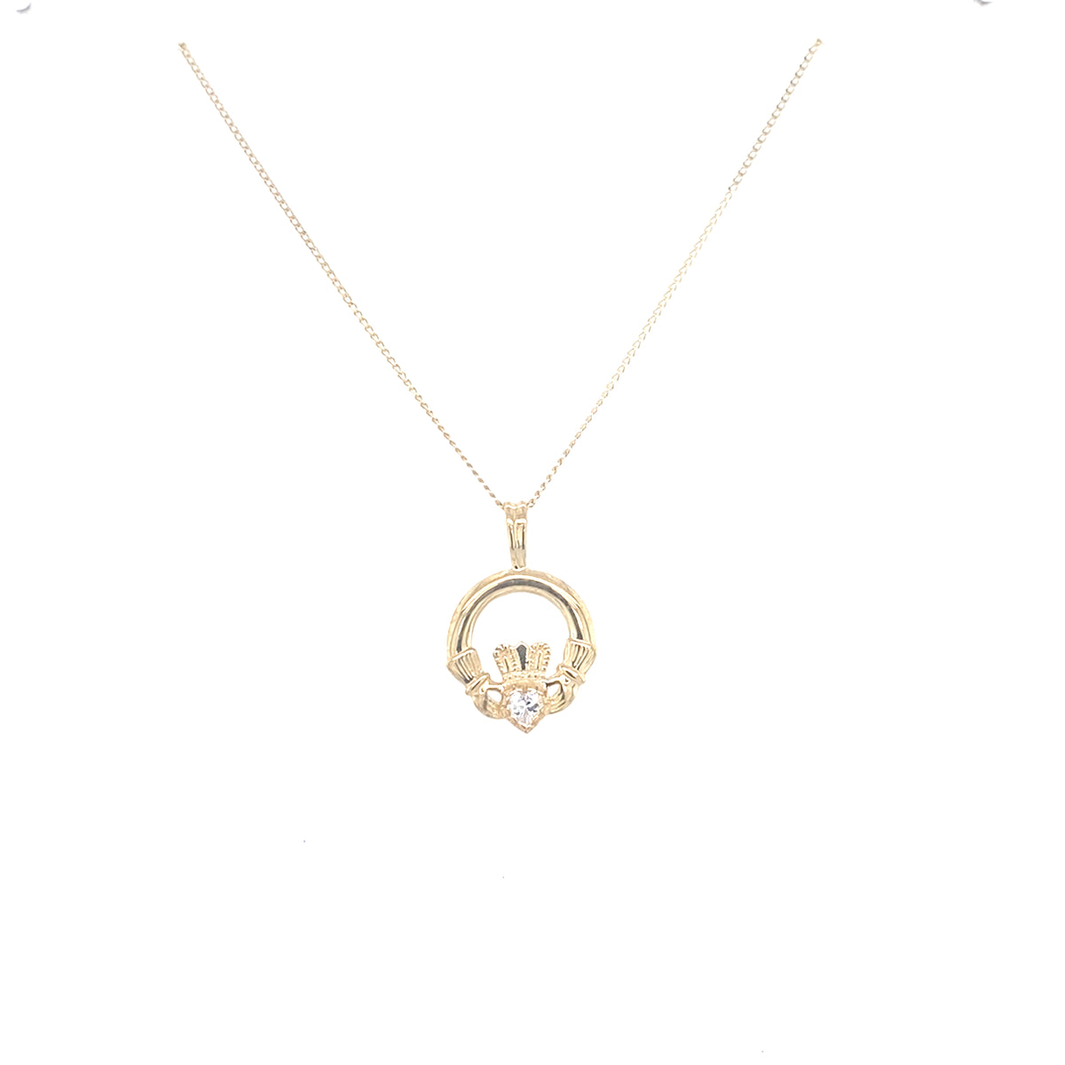 9kt Gold Claddagh Pendant with Clear Stone