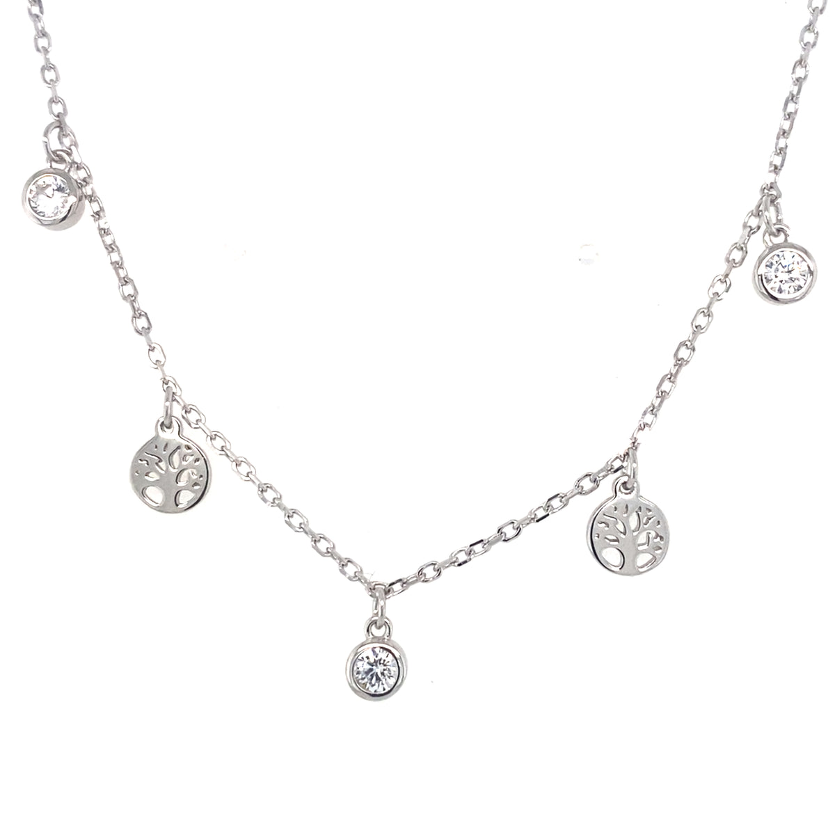 Sterling Silver Necklace with Clear &amp; Tree of Life Symbols