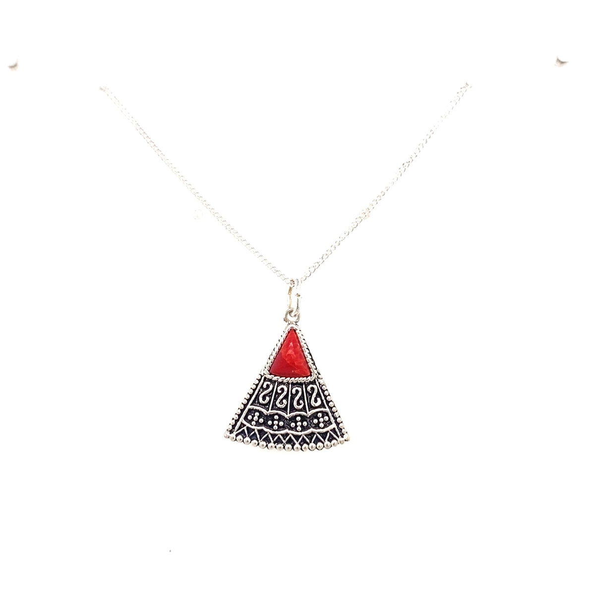 Sterling Silver Triangular Pendant with Red Stone