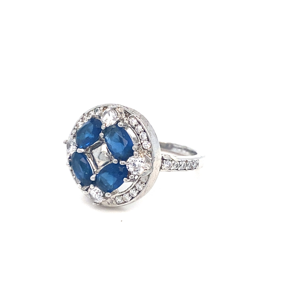 Round Silver Ring with Blue and Clear Stones