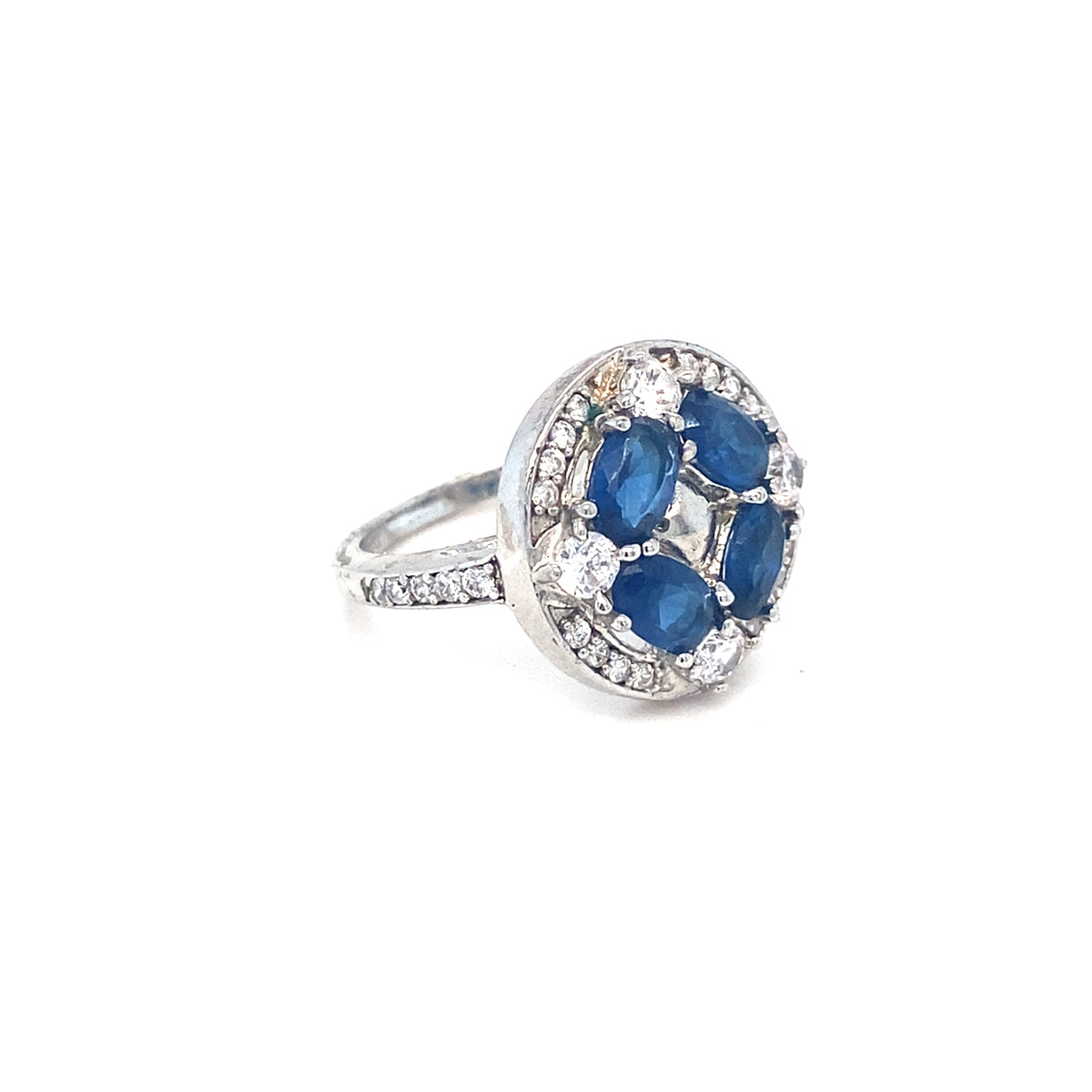 Round Silver Ring with Blue and Clear Stones