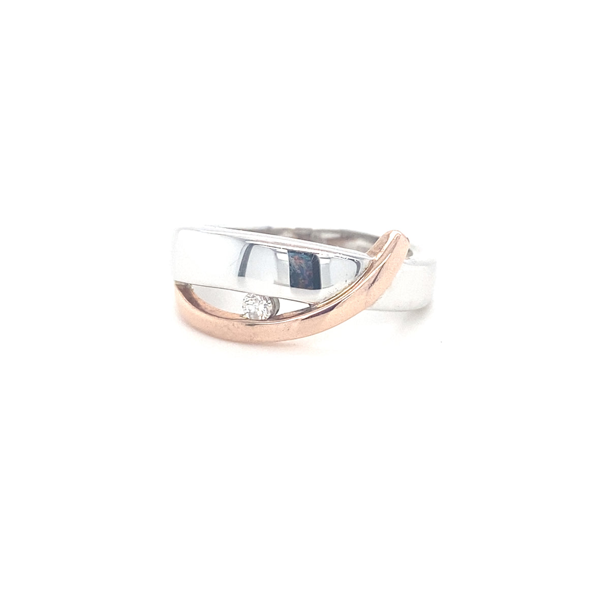 9kt White Gold Band with Rose Gold and a Diamond