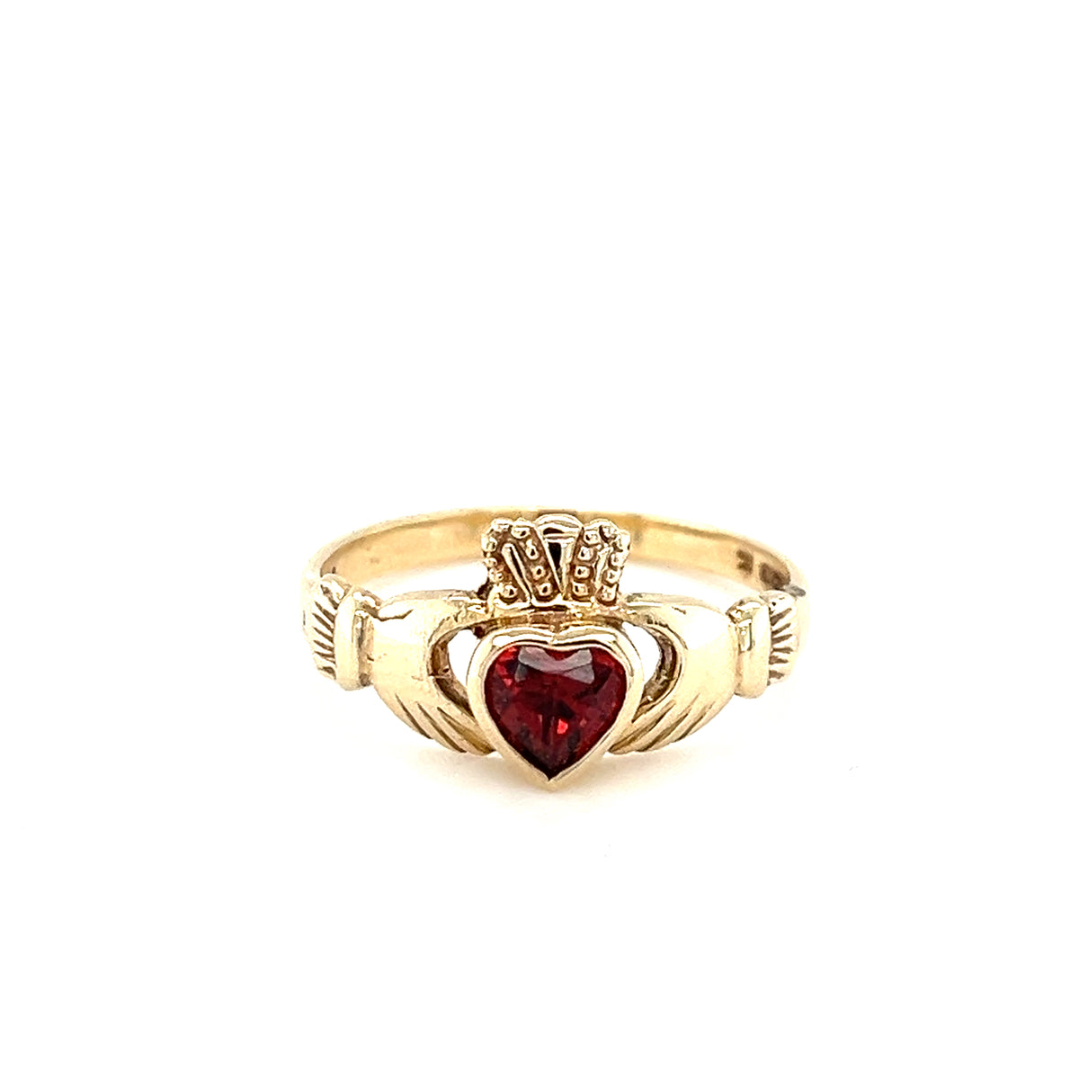 9kt Gold Claddagh Ring with Garnet Coloured Stone