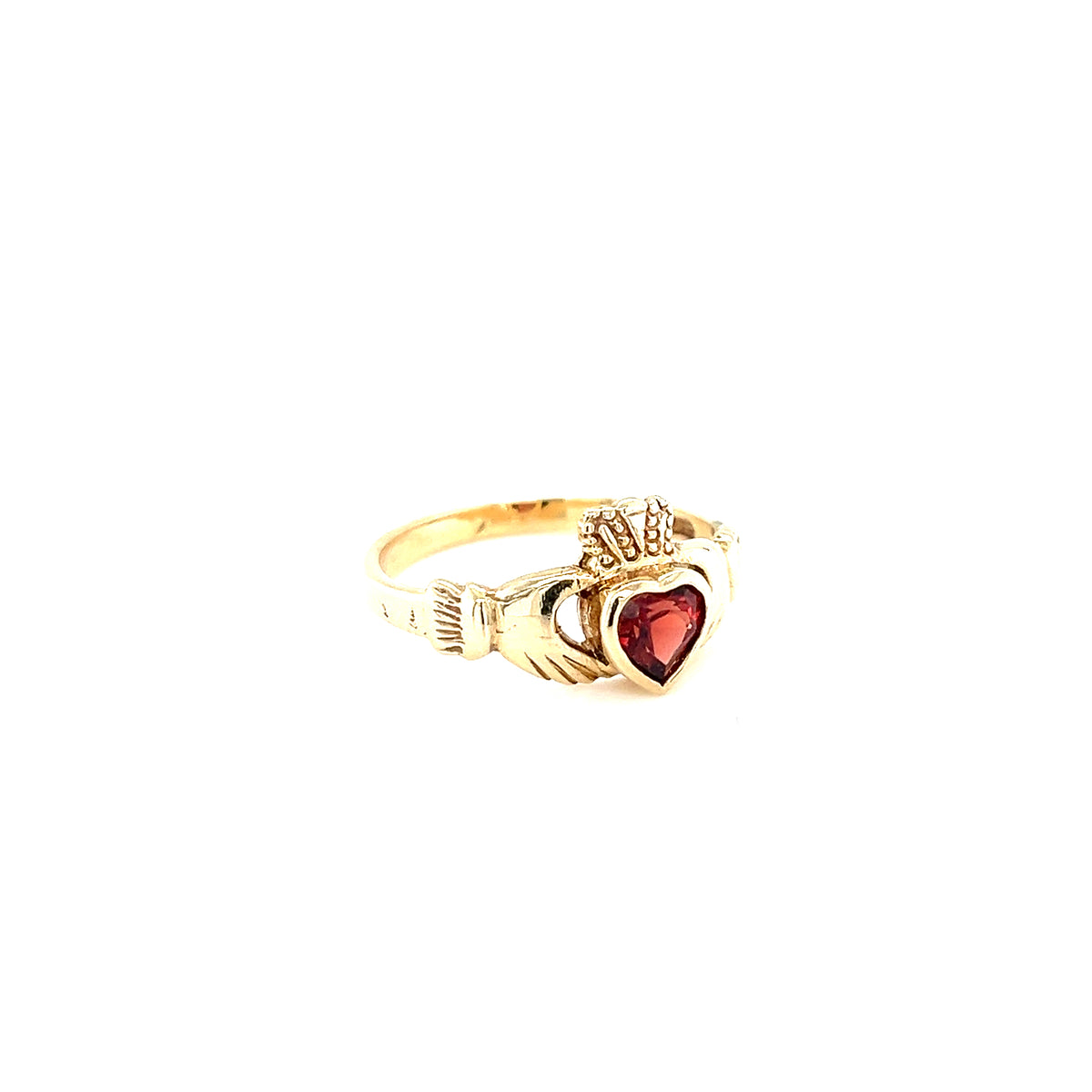 9kt Gold Claddagh Ring with Garnet Coloured Stone