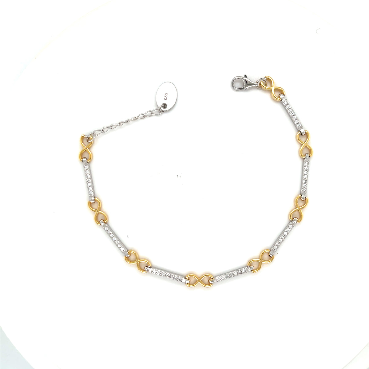 Sterling Silver Bracelet with gold Colour Infinity Symbols