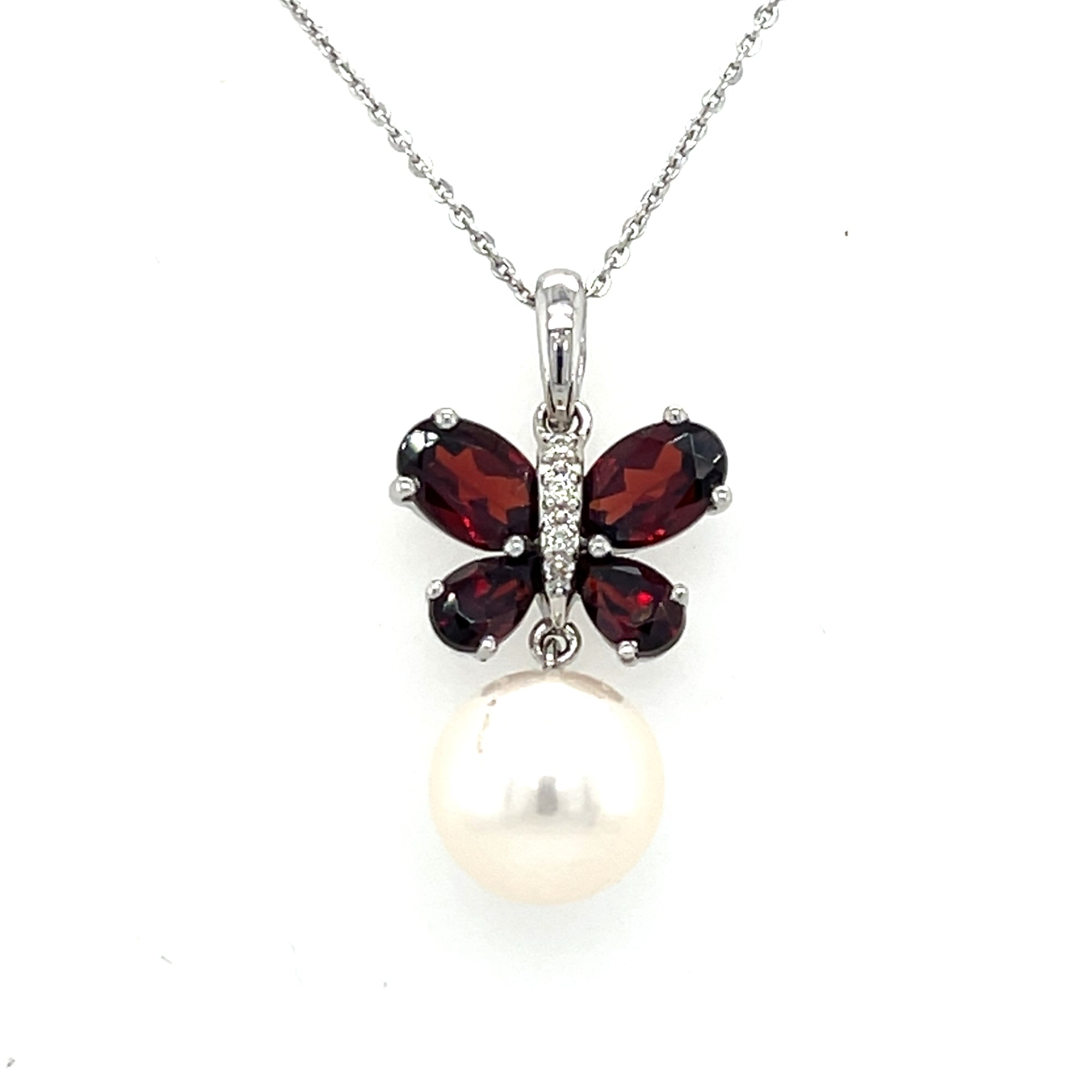9kt White Gold Butterfly &amp; Pearl Necklace
