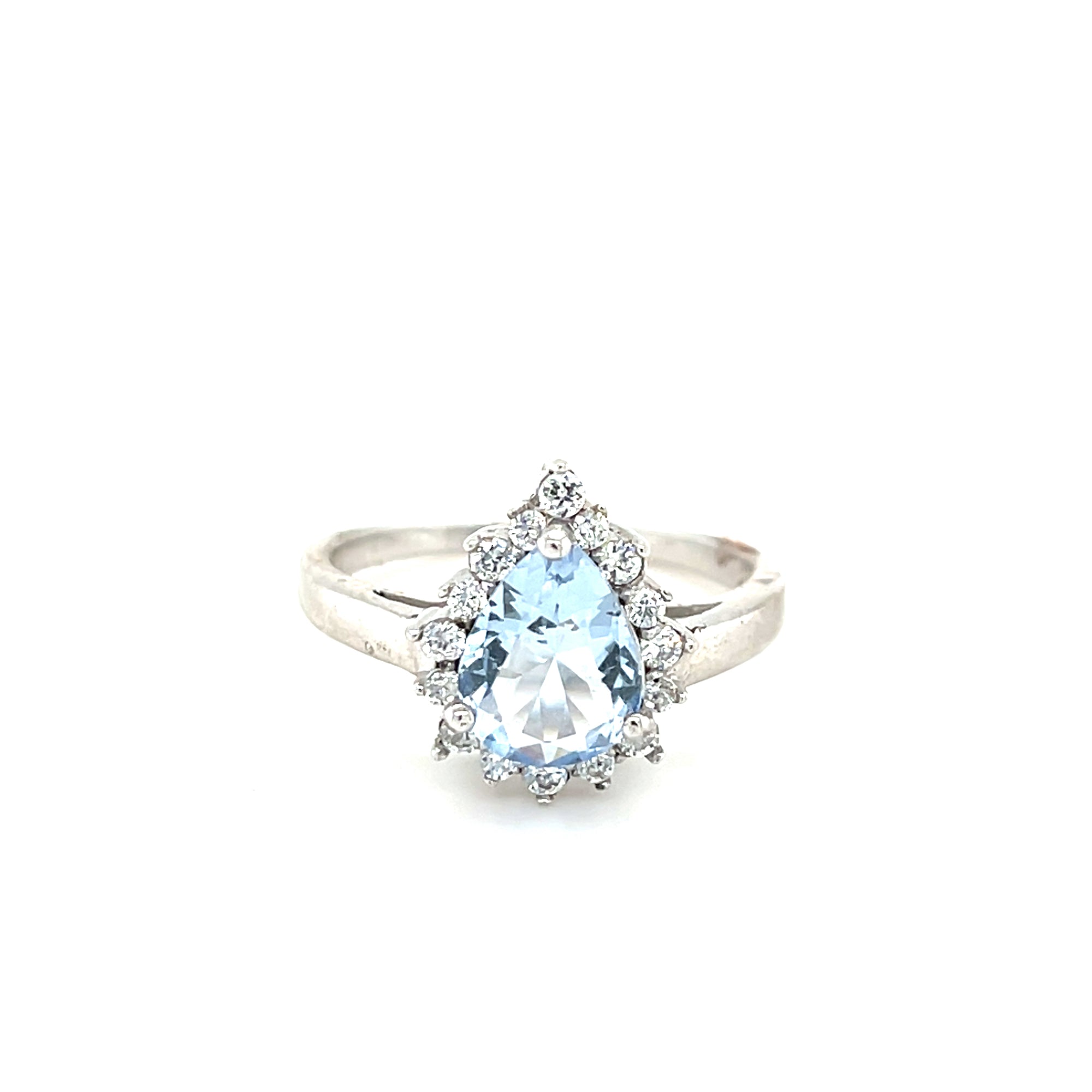 Sterling silver pear shaped aquamarine colour ring