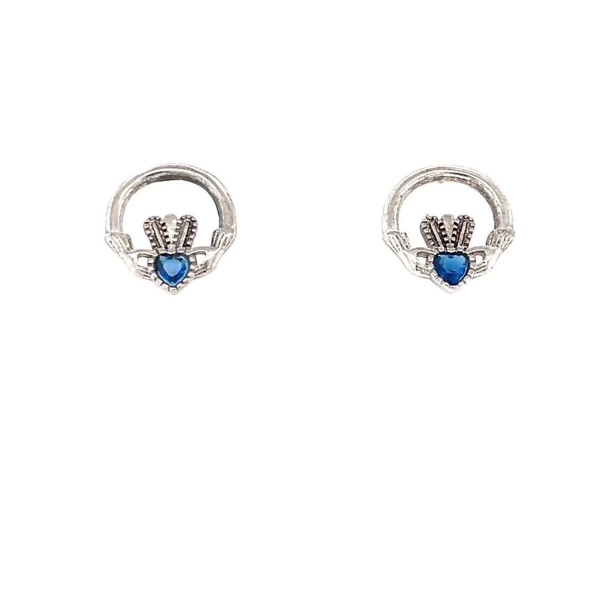 Silver Claddagh Earrings with Sapphire Colured Stone