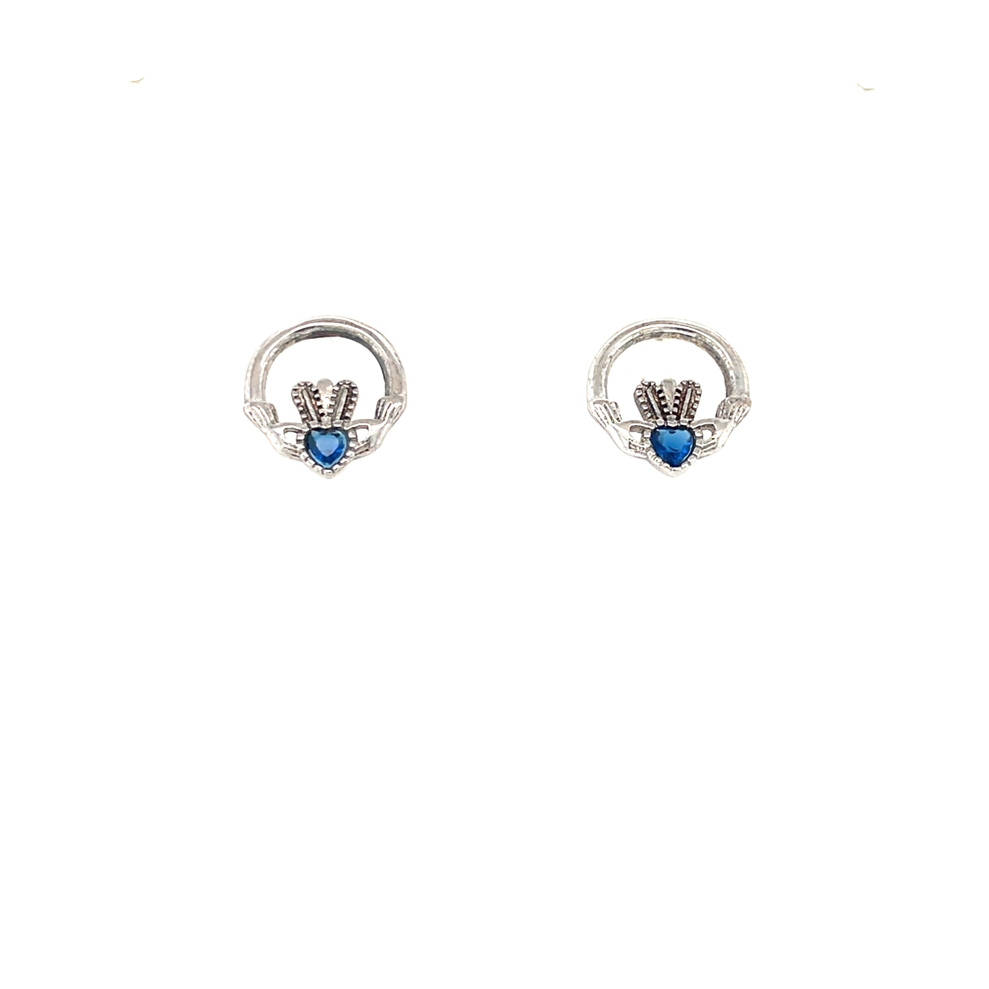Silver Claddagh Earrings with Sapphire Colured Stone