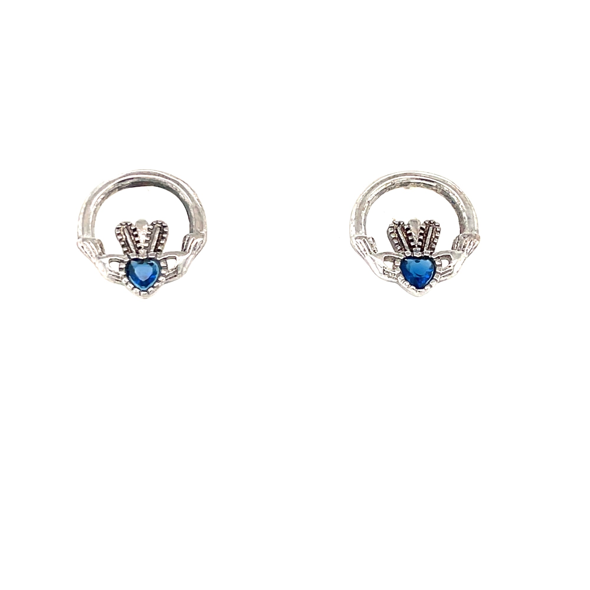 Silver Claddagh Earrings with Sapphire Colured Stone