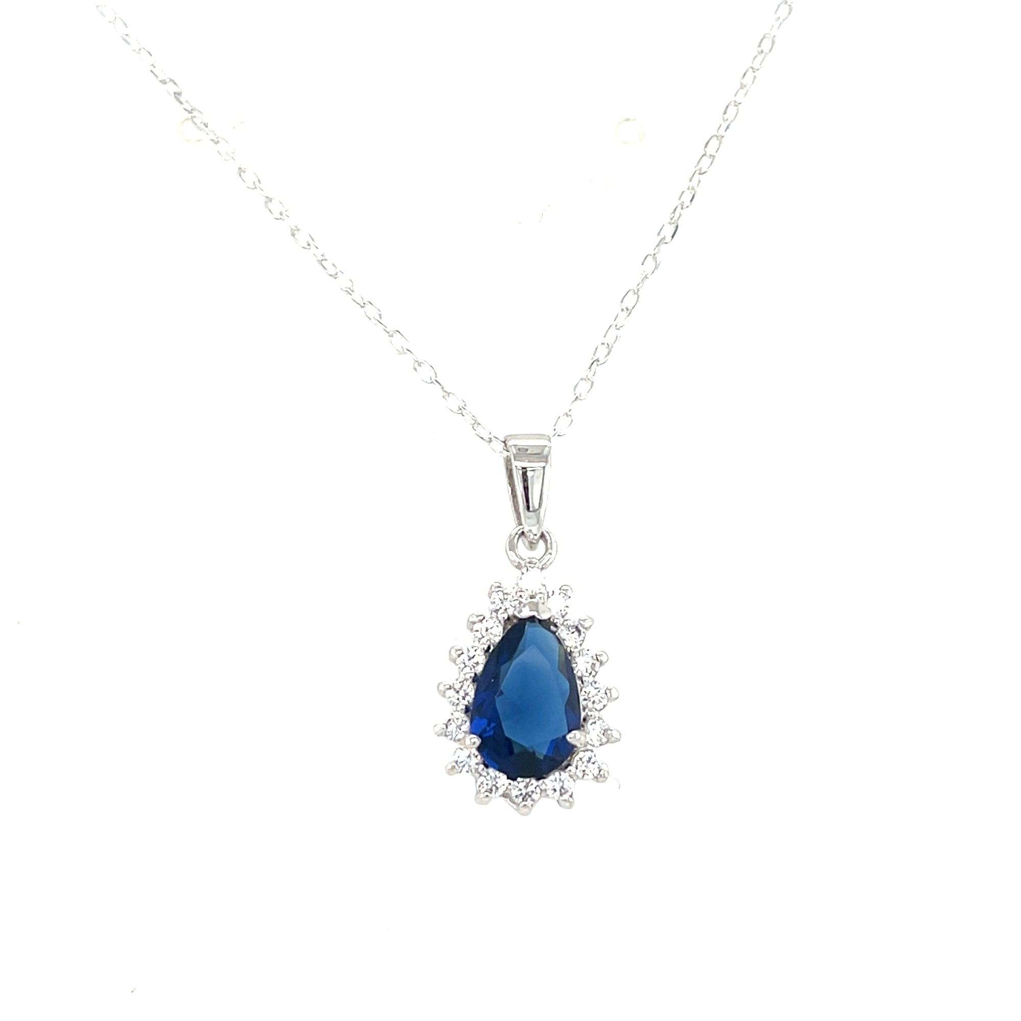 Stering Silver Pear Shaped Sapphire Coloured Necklace