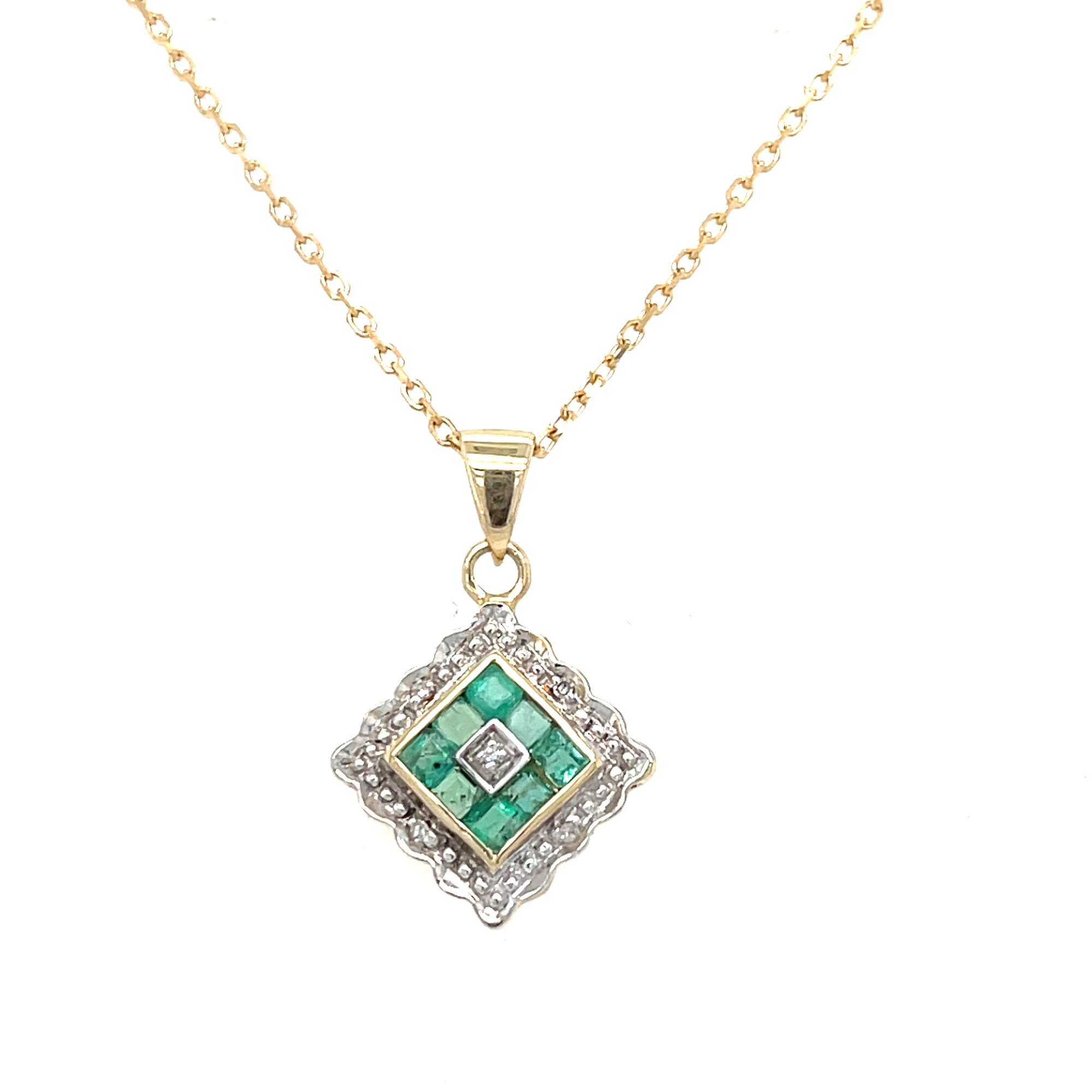 9kt Gold Emerald &amp; Diamond Pendant