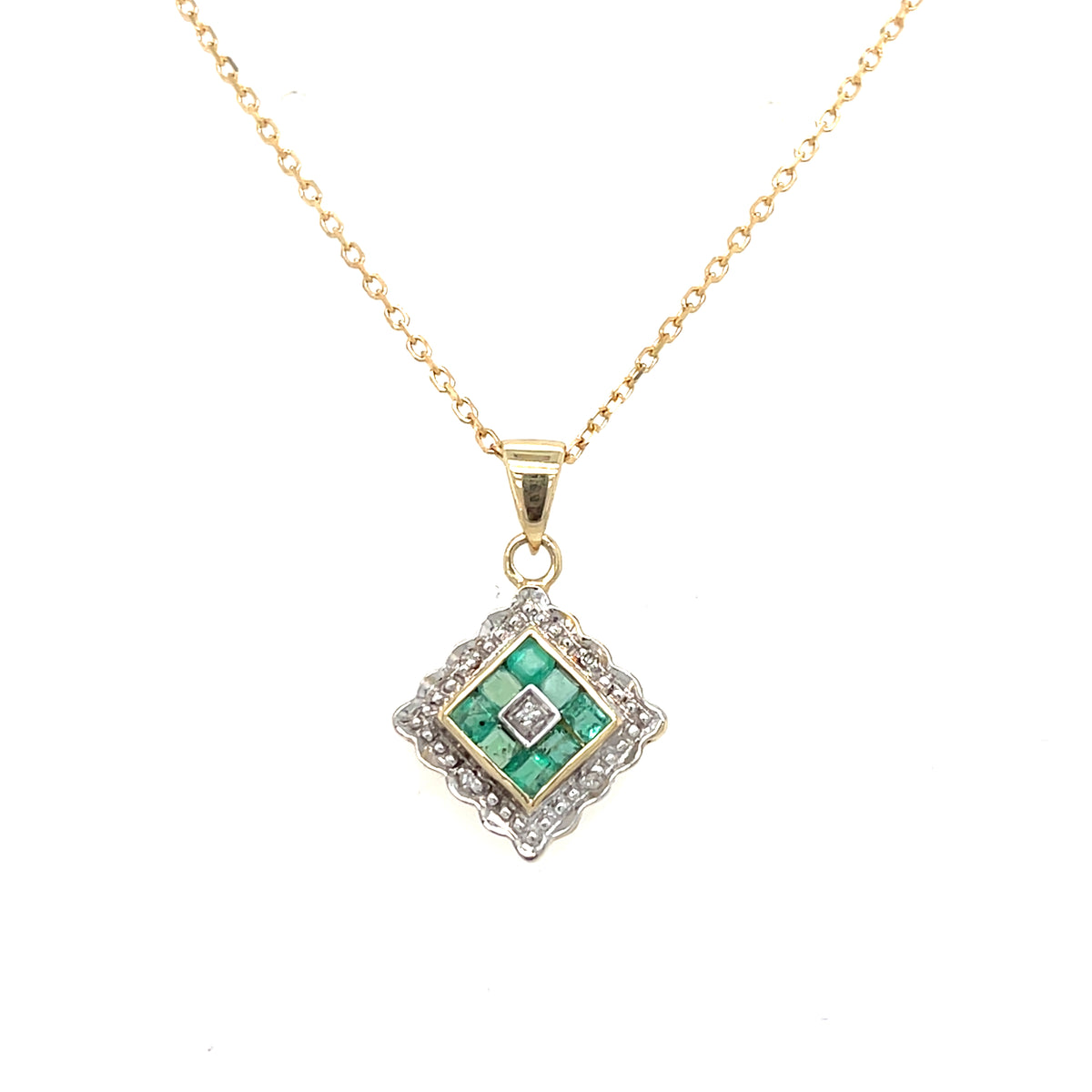 9kt Gold Emerald &amp; Diamond Pendant