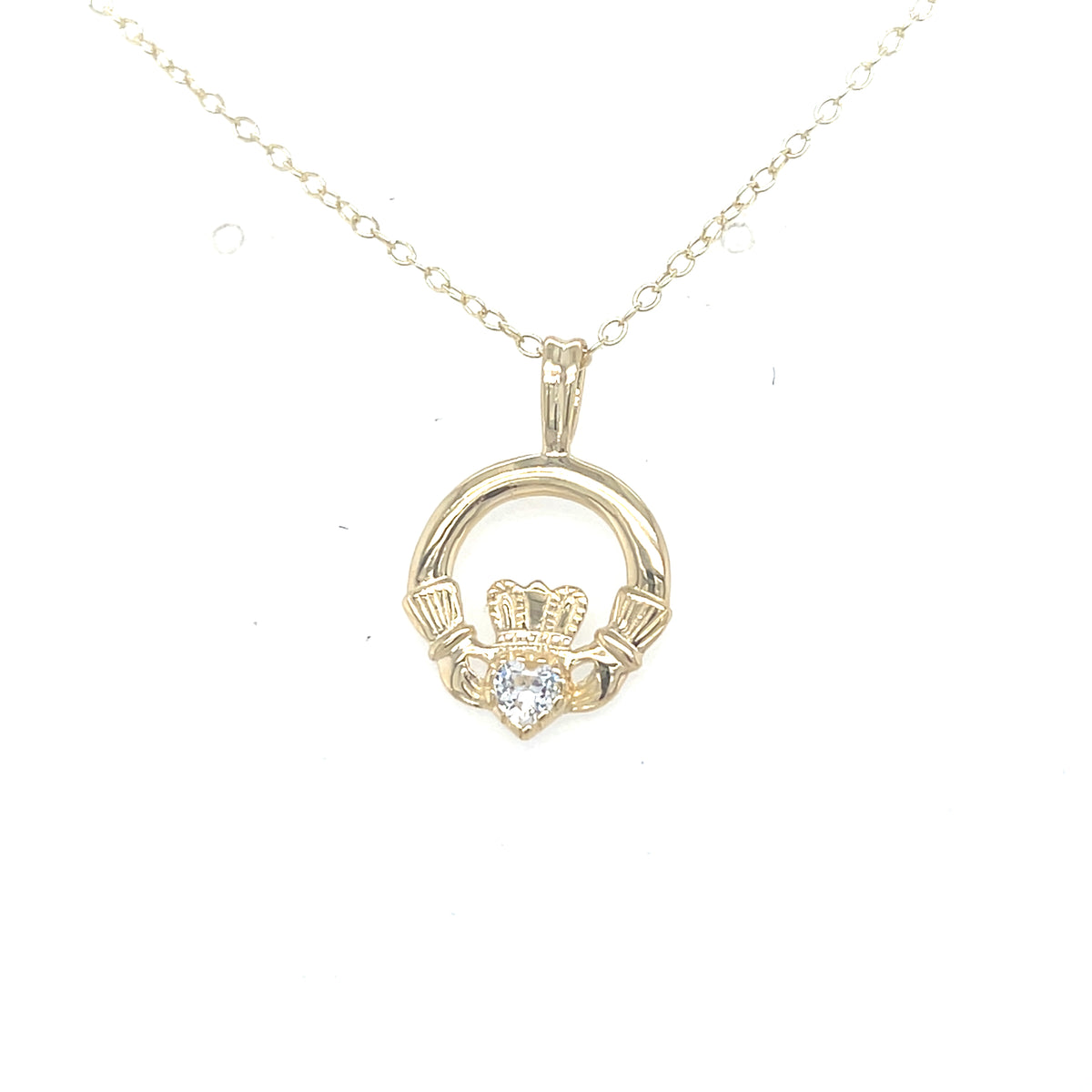 9kt Gold Claddagh Pendant with Clear Stone