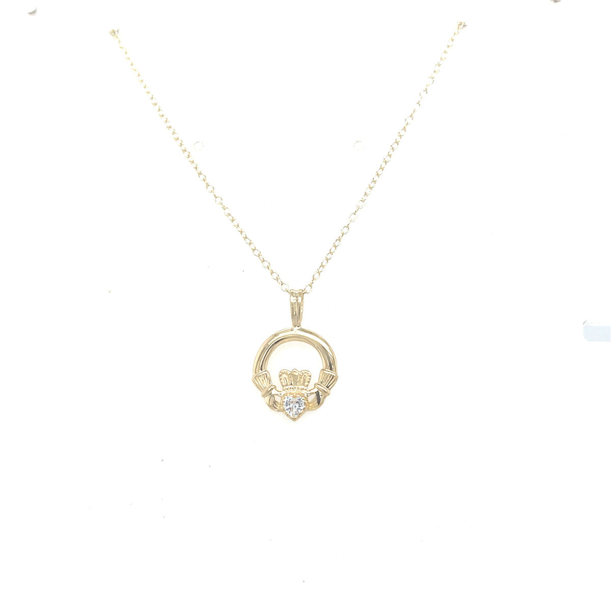 9kt Gold Claddagh Pendant with Clear Stone