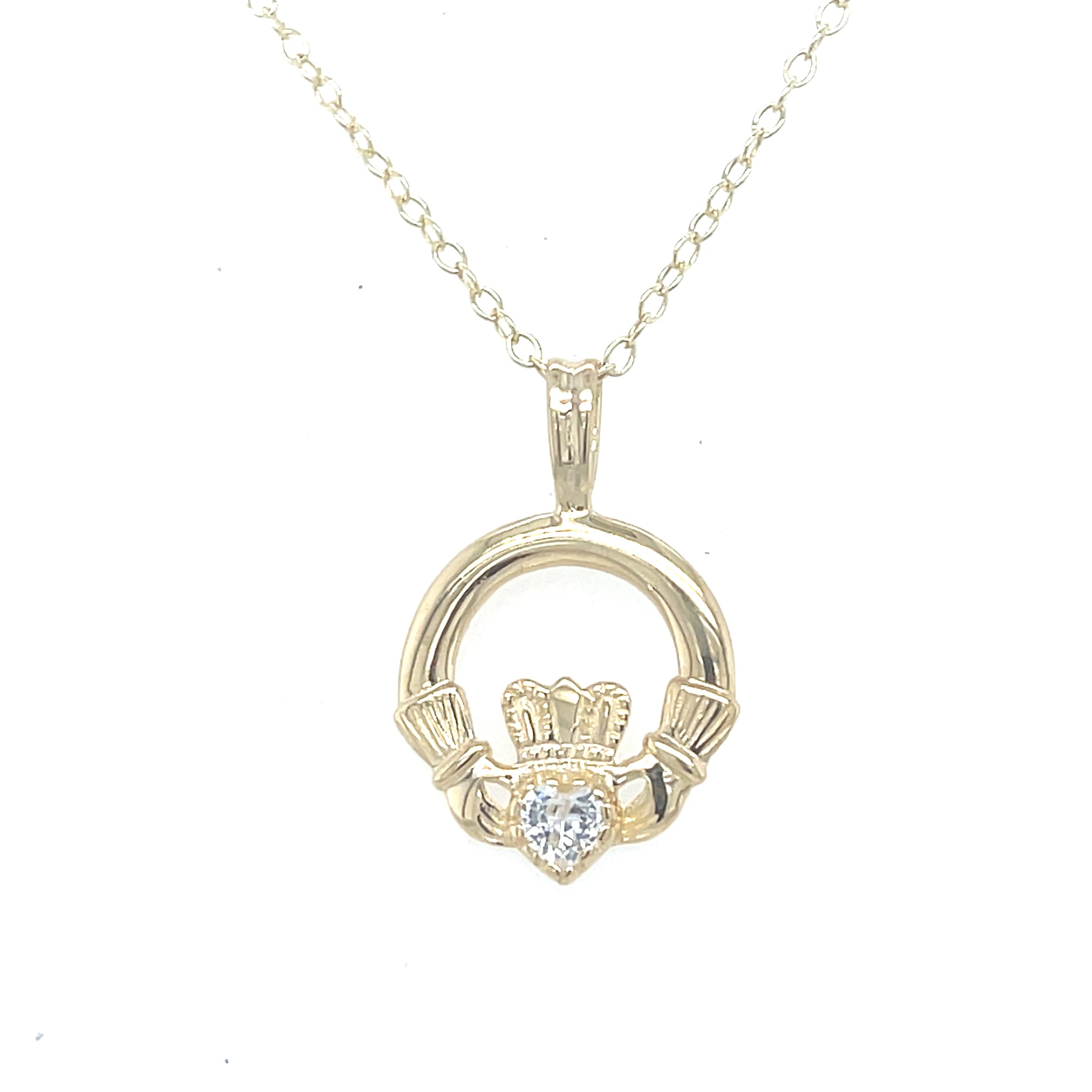 9kt Gold Claddagh Pendant with Clear Stone