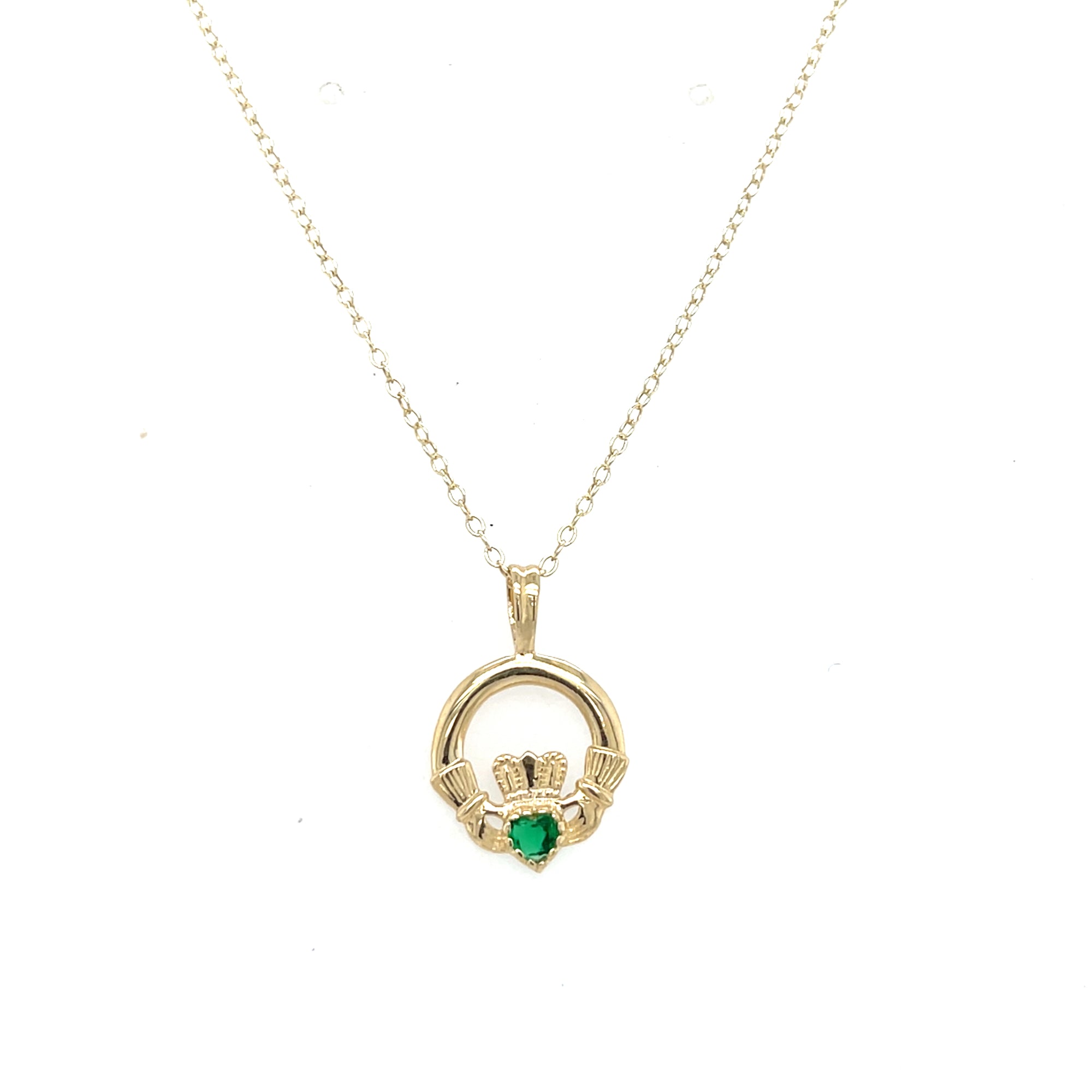 9kt Gold Claddagh Pendant with Green Stone