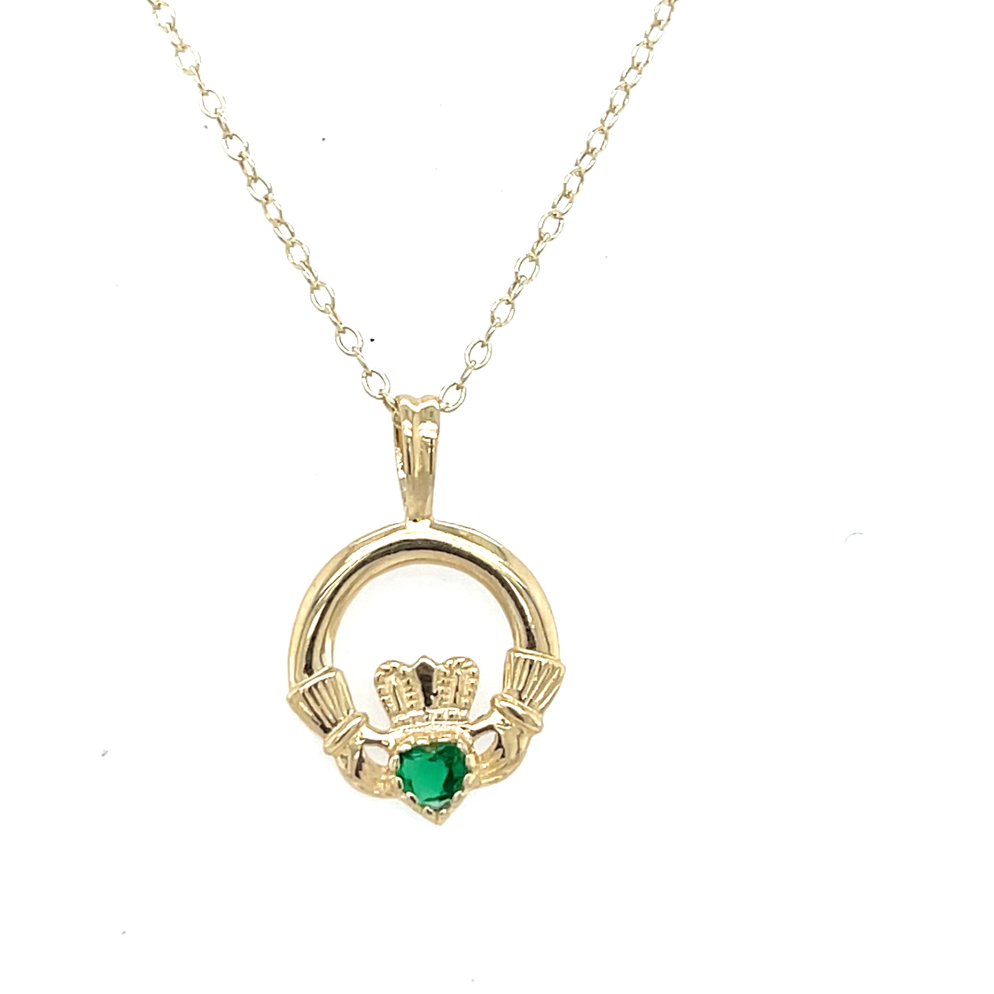 9kt Gold Claddagh Pendant with Green Stone