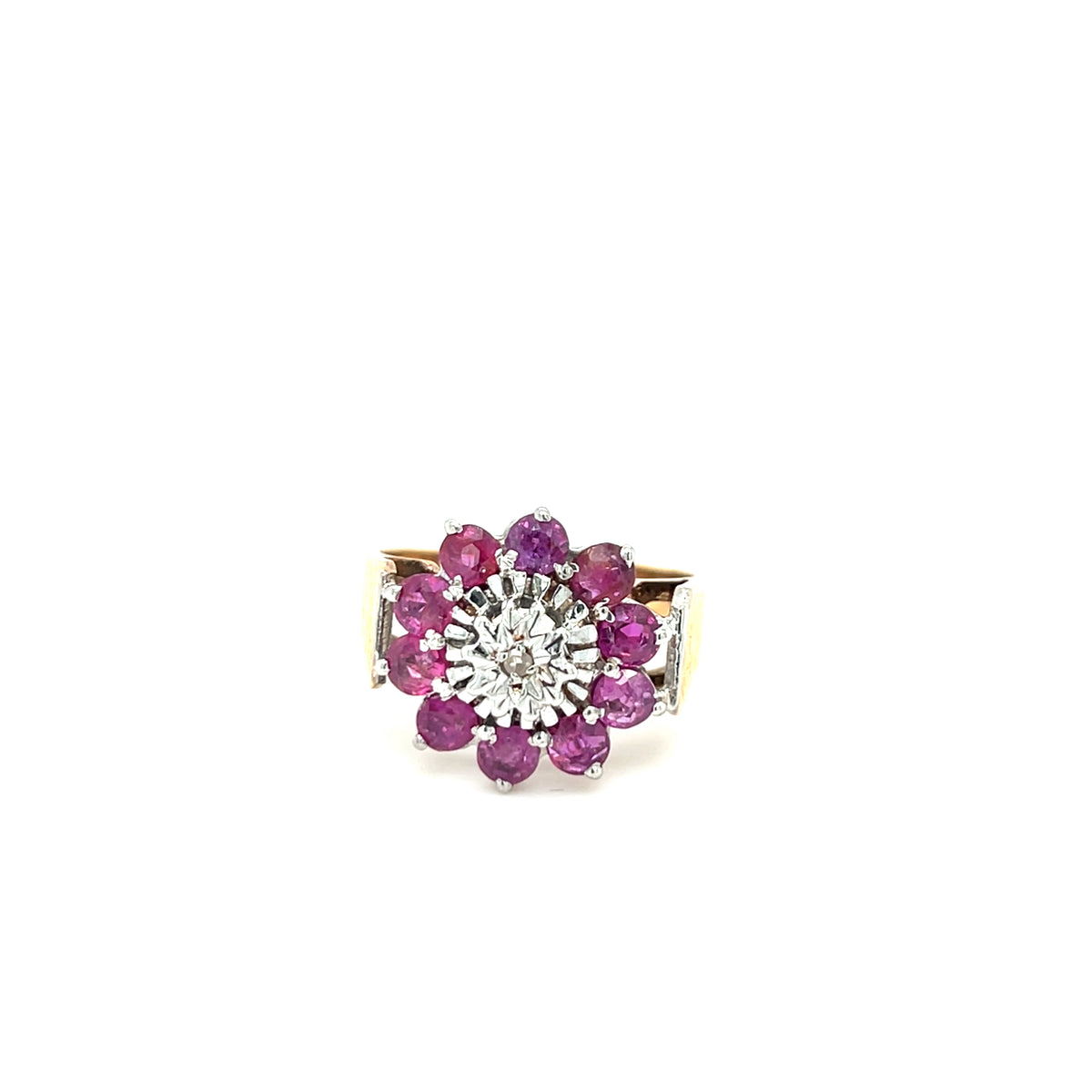Vintage 9kt Gold Ruby &amp; Diamond Cluster Ring