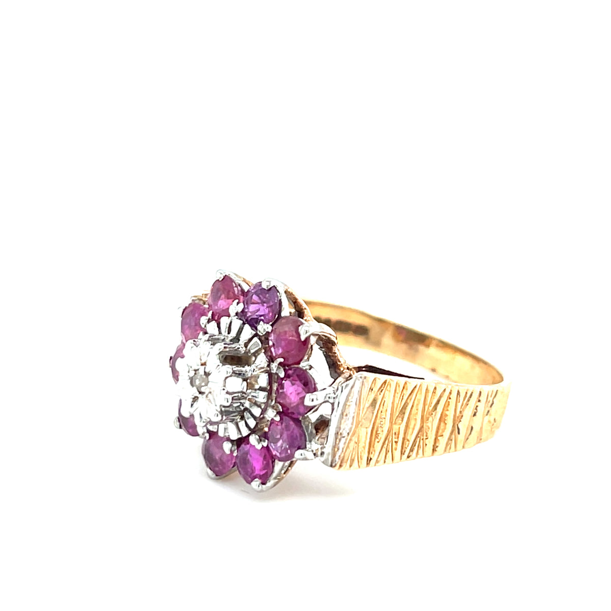 Vintage 9kt Gold Ruby &amp; Diamond Cluster Ring