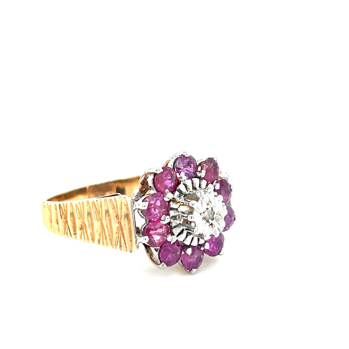 Vintage 9kt Gold Ruby &amp; Diamond Cluster Ring
