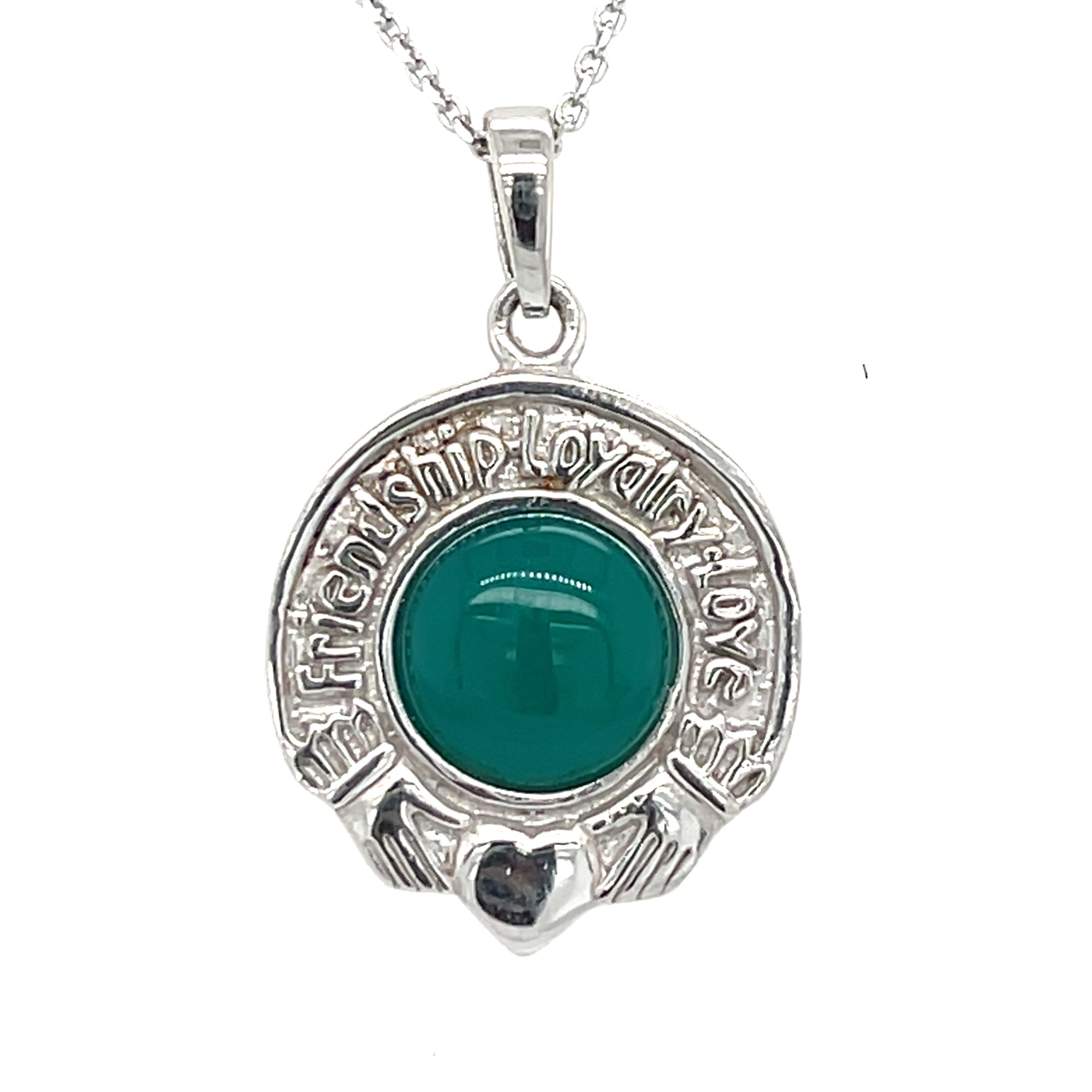 Sterling Silver Claddagh Pendant with Green Stone
