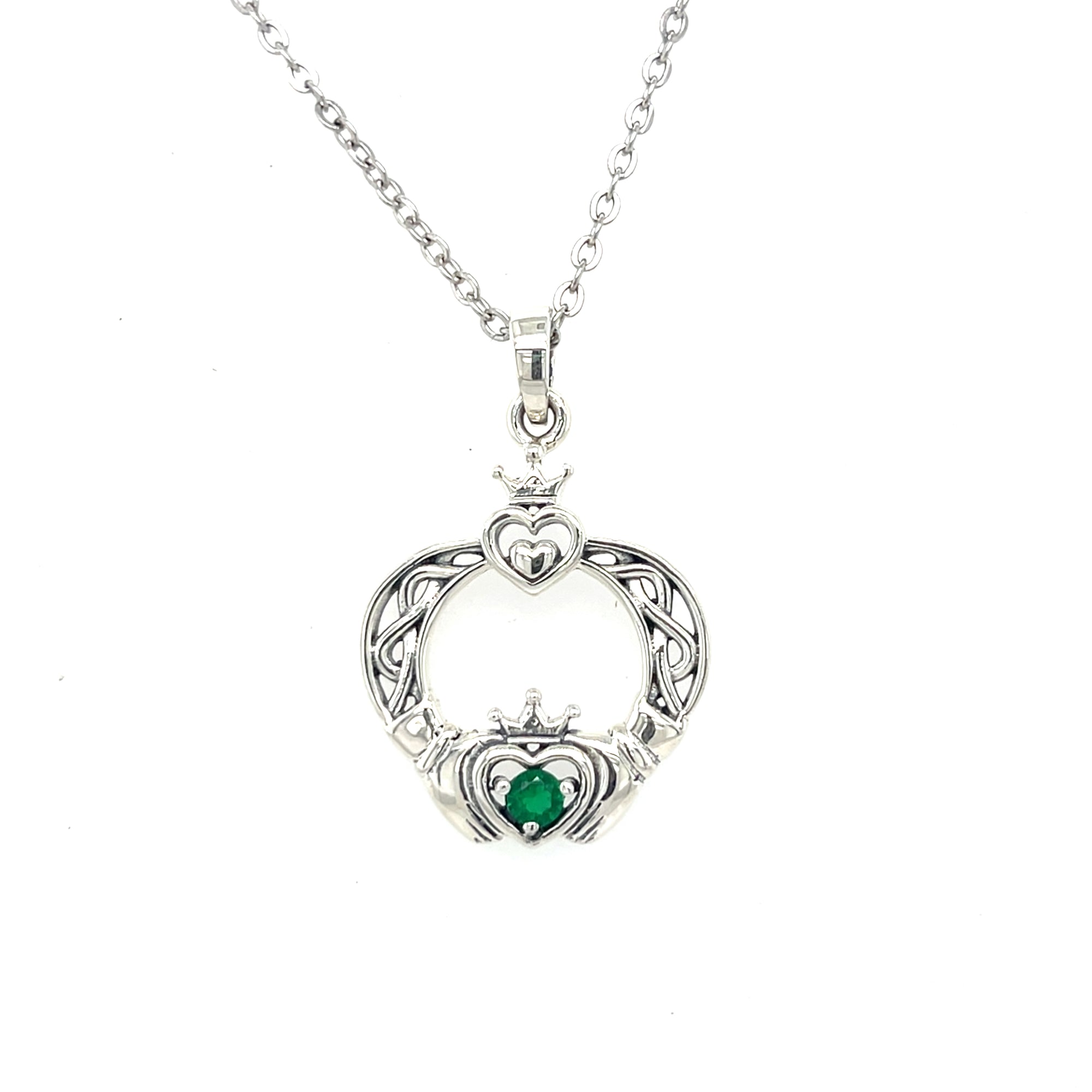 Sterling Silver Claddagh Pendant with Green Stone