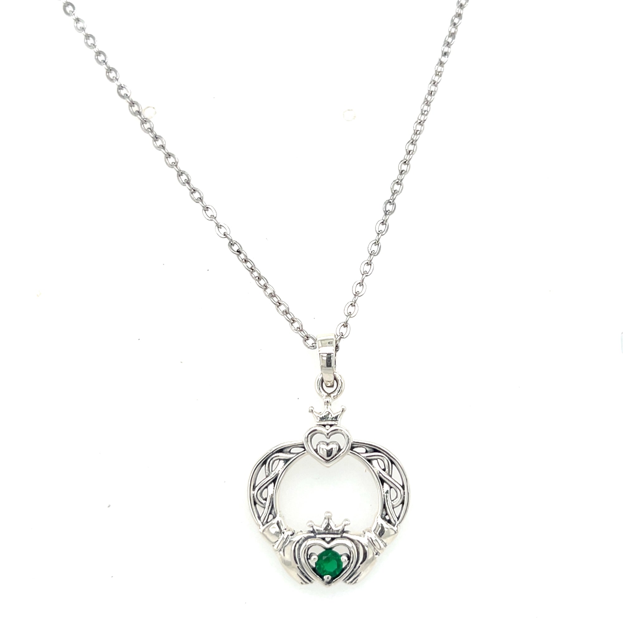 Sterling Silver Claddagh Pendant with Green Stone