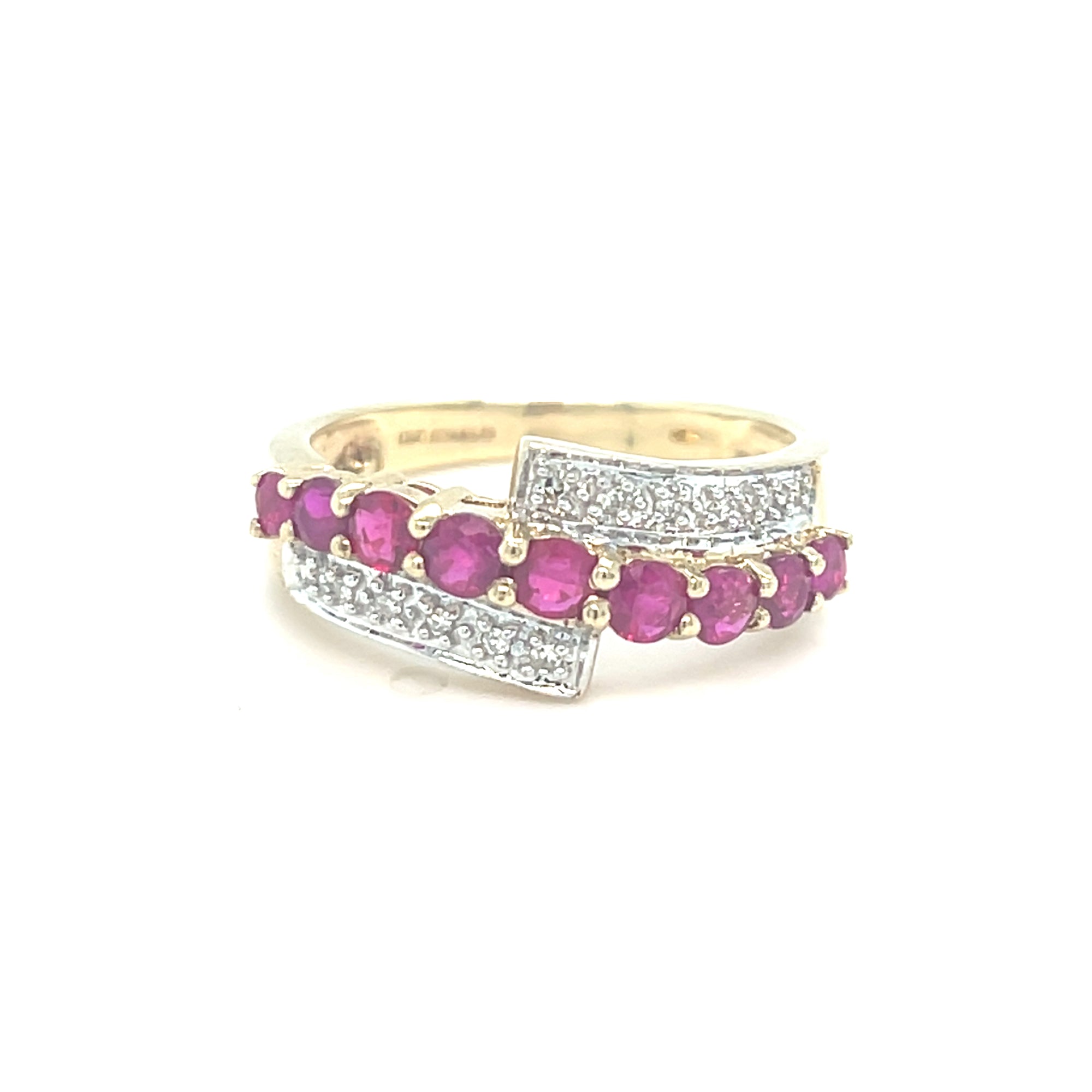 9Kt Gold Ruby &amp; Daimond Crossover Eternity Ring