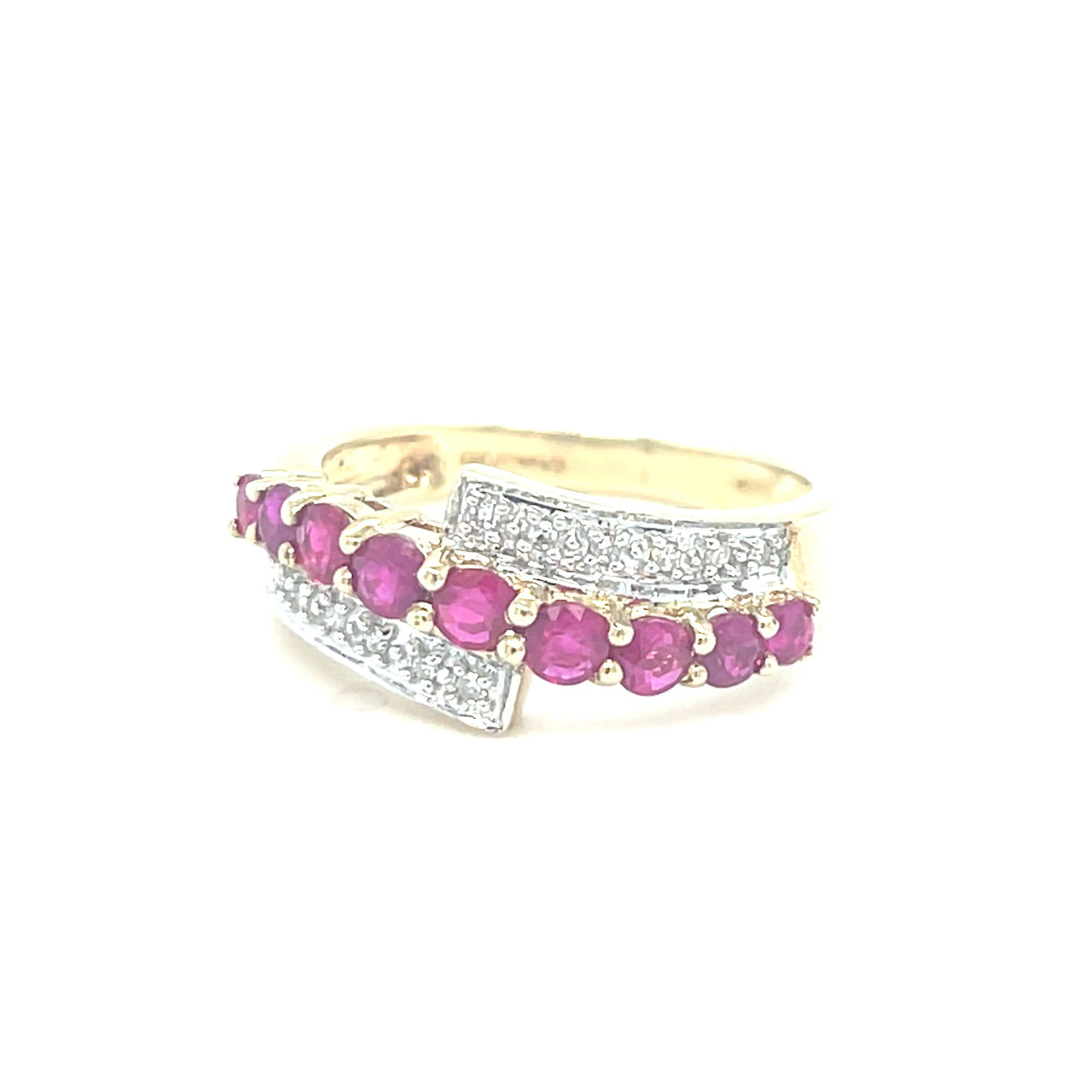9Kt Gold Ruby &amp; Daimond Crossover Eternity Ring