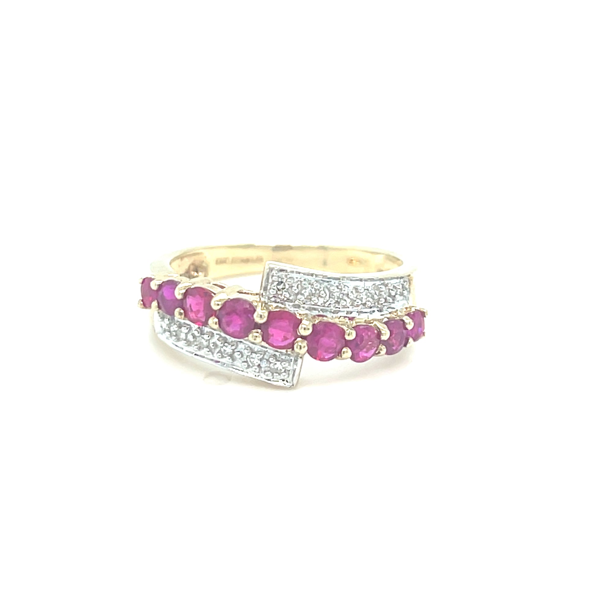 9Kt Gold Ruby &amp; Daimond Crossover Eternity Ring