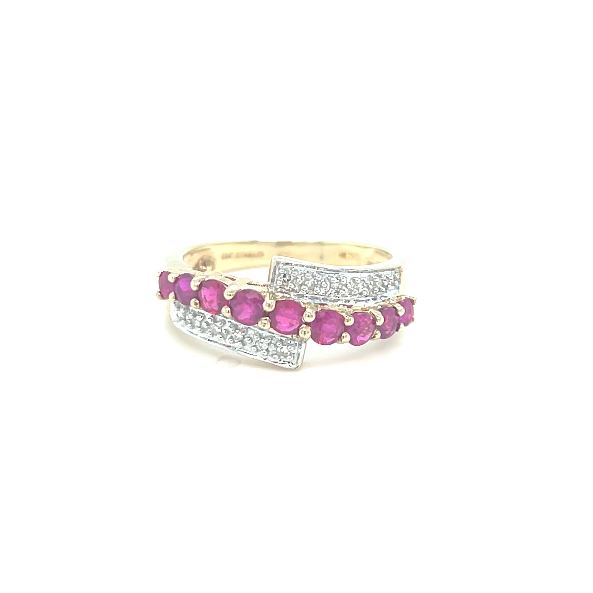 9Kt Gold Ruby &amp; Daimond Crossover Eternity Ring