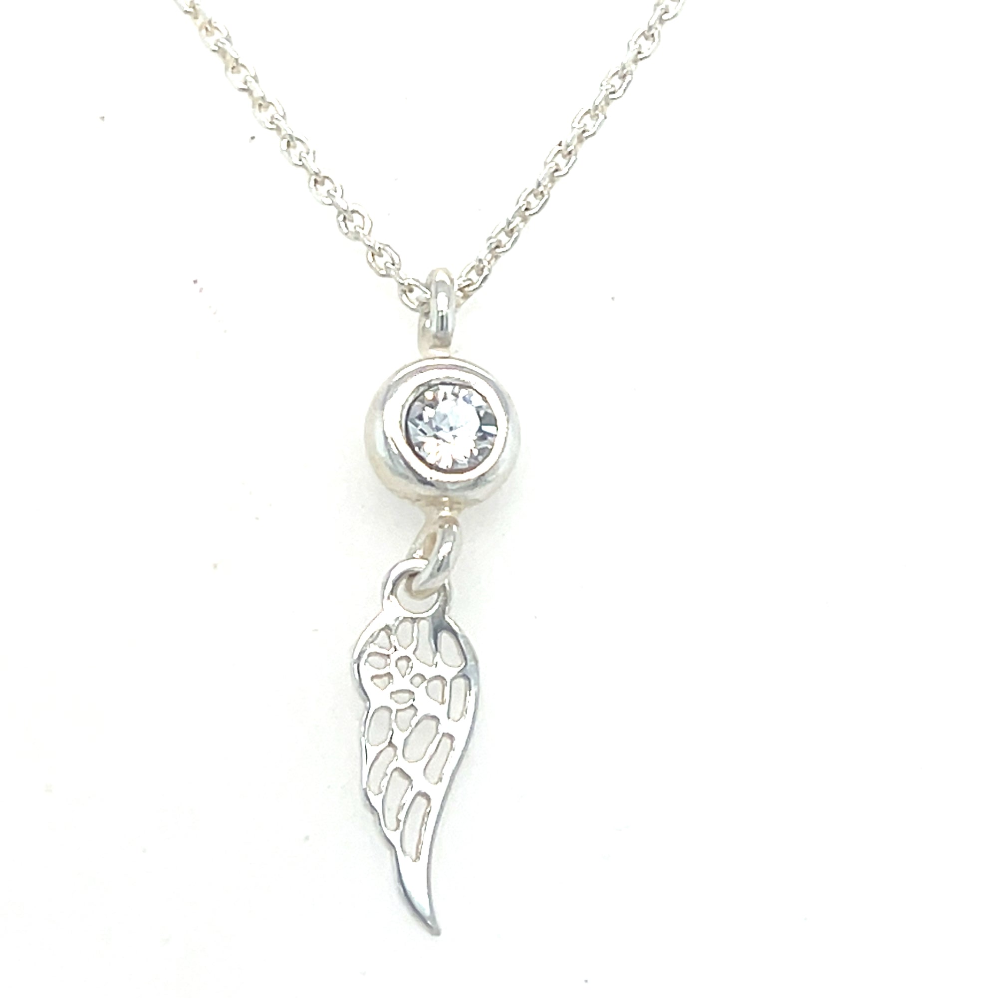 Sterling silver angel wing and clear stone pendant