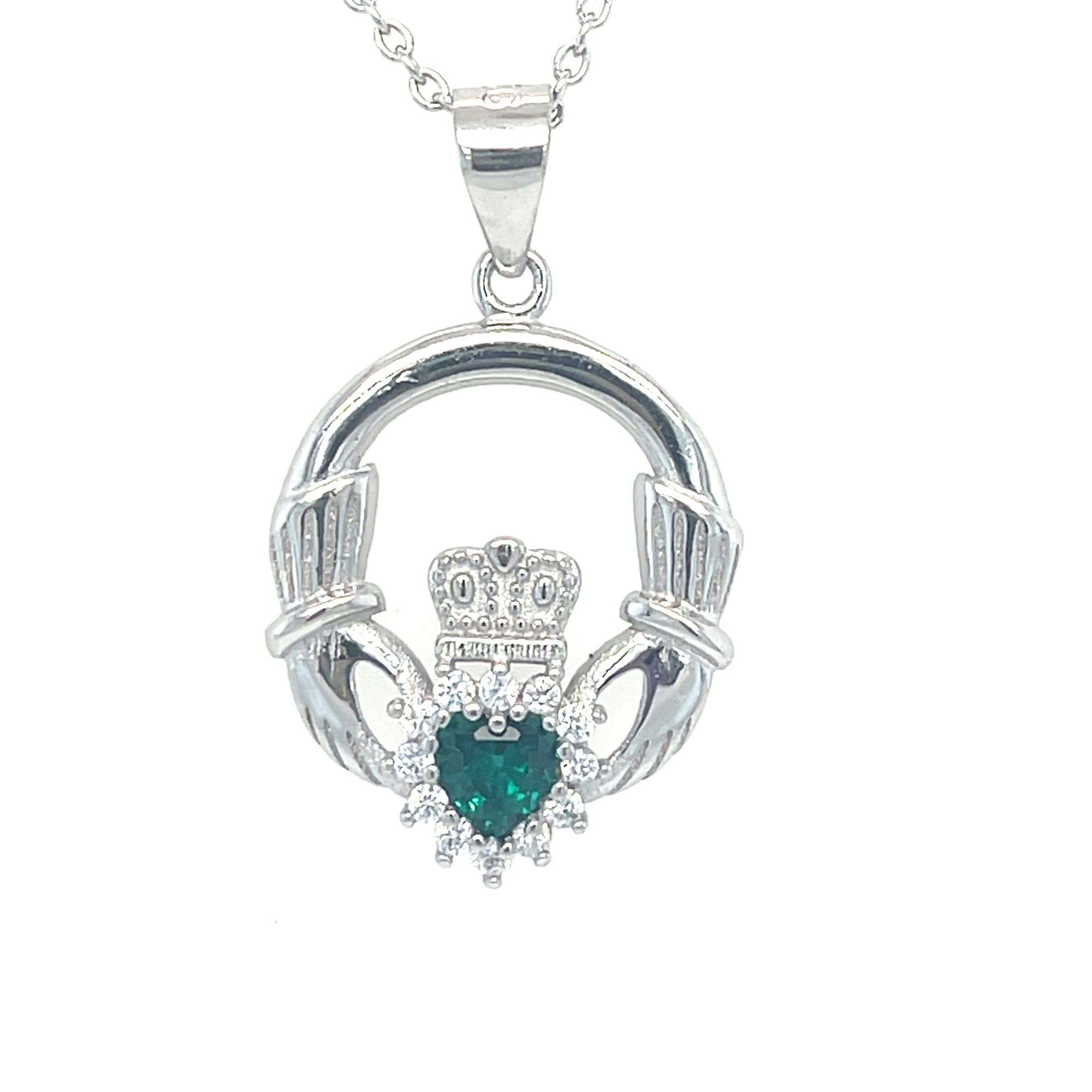 Sterling silver claddagh pendant with green stone