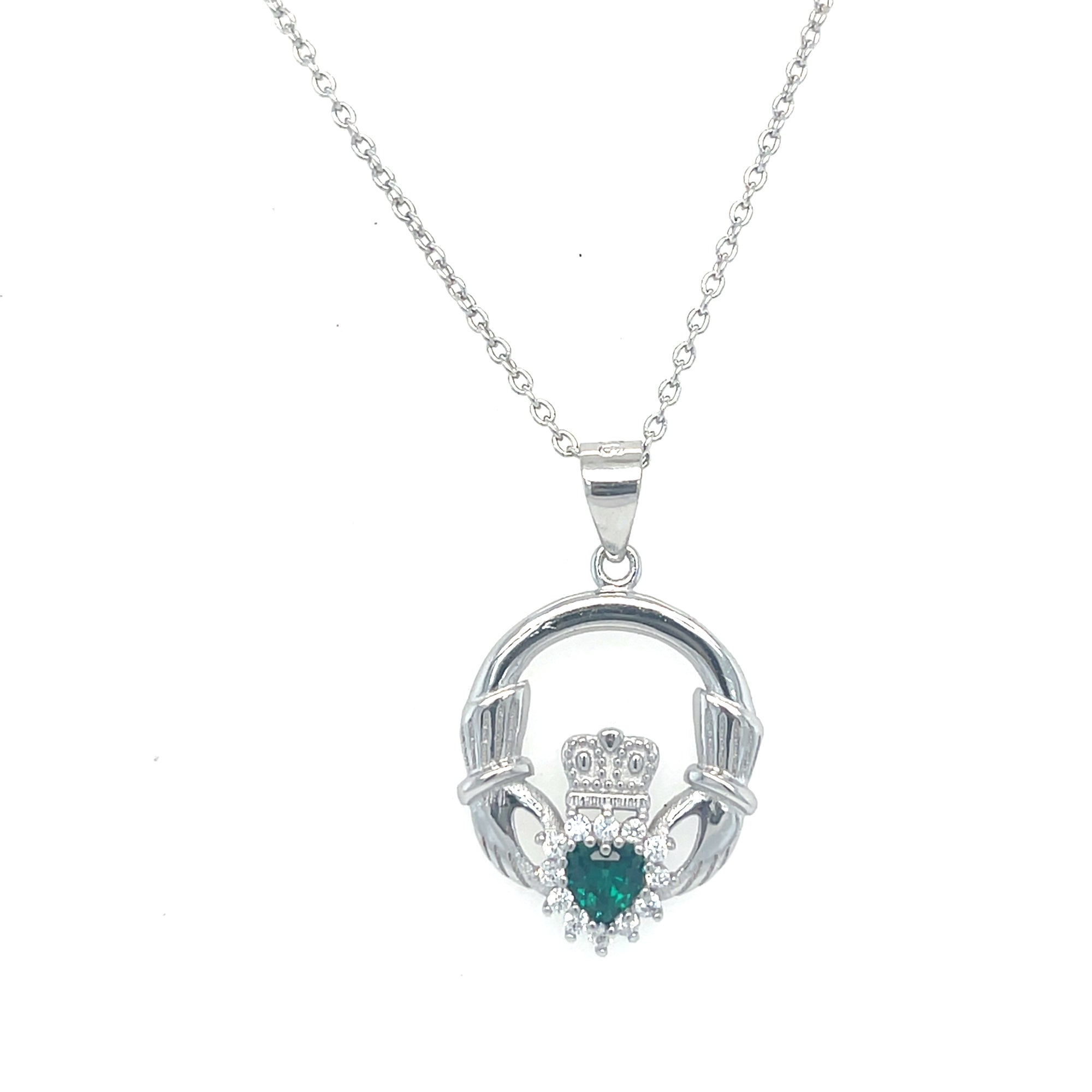 Sterling silver claddagh pendant with green stone